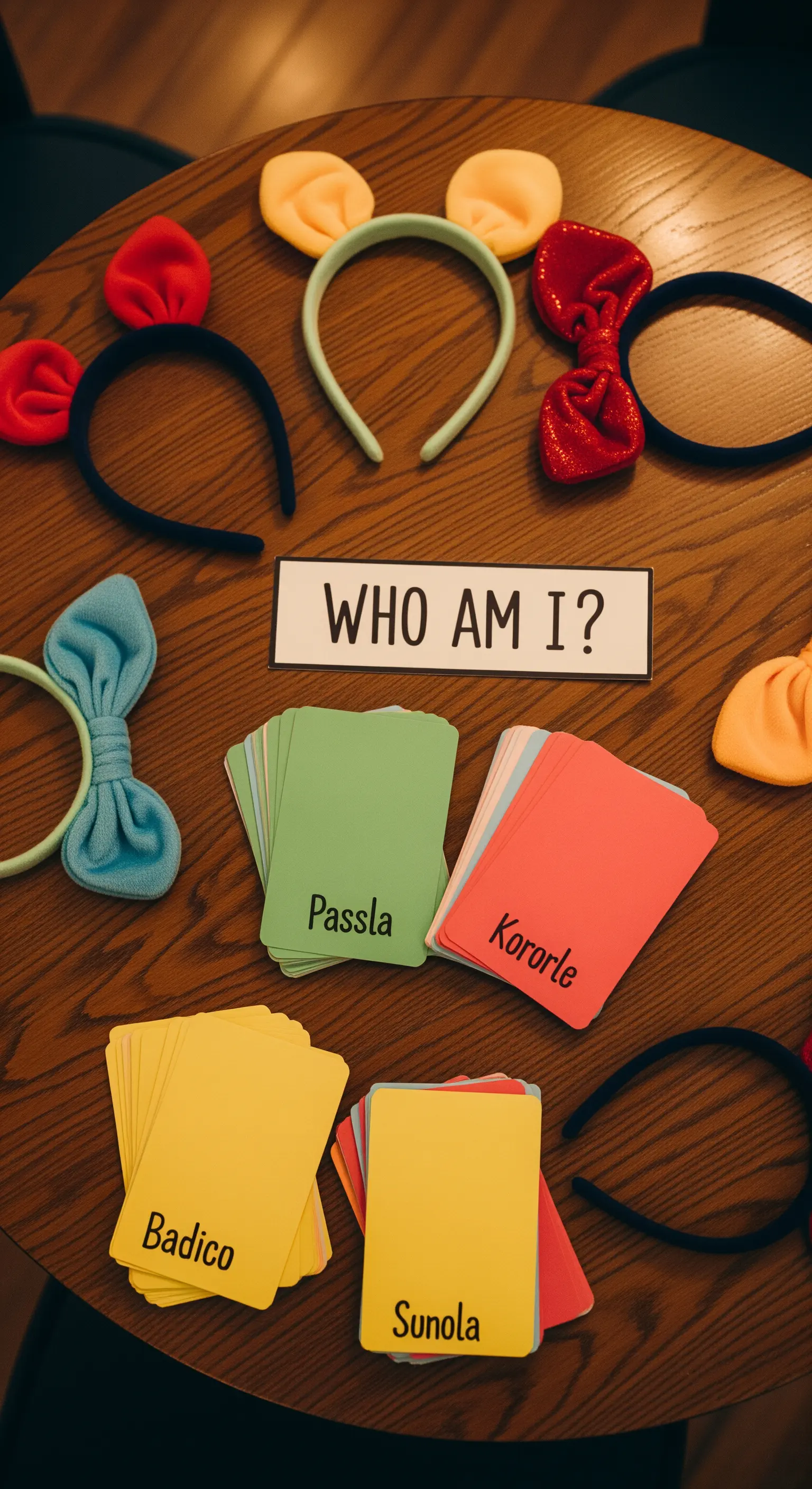 Gioco da tavolo 'Who Am I?' con cerchietti colorati e carte personaggio su un tavolo di legno