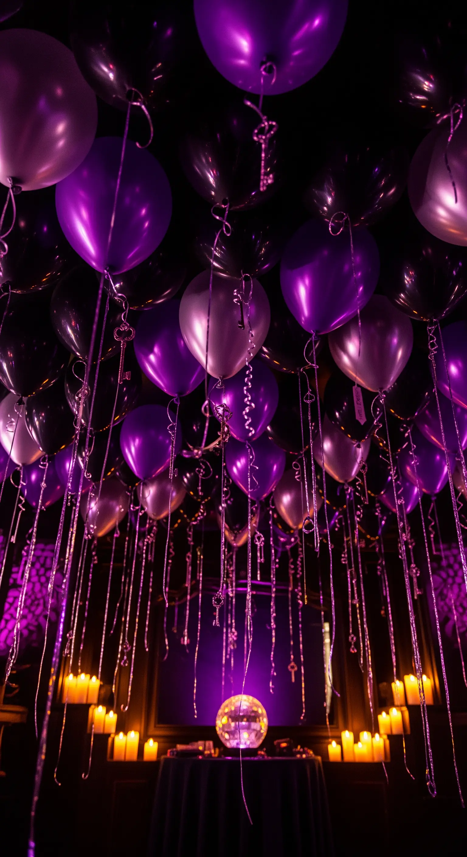 Palloncini viola e neri in un ambiente scuro, con piccole chiavi argentate appese ai fili.