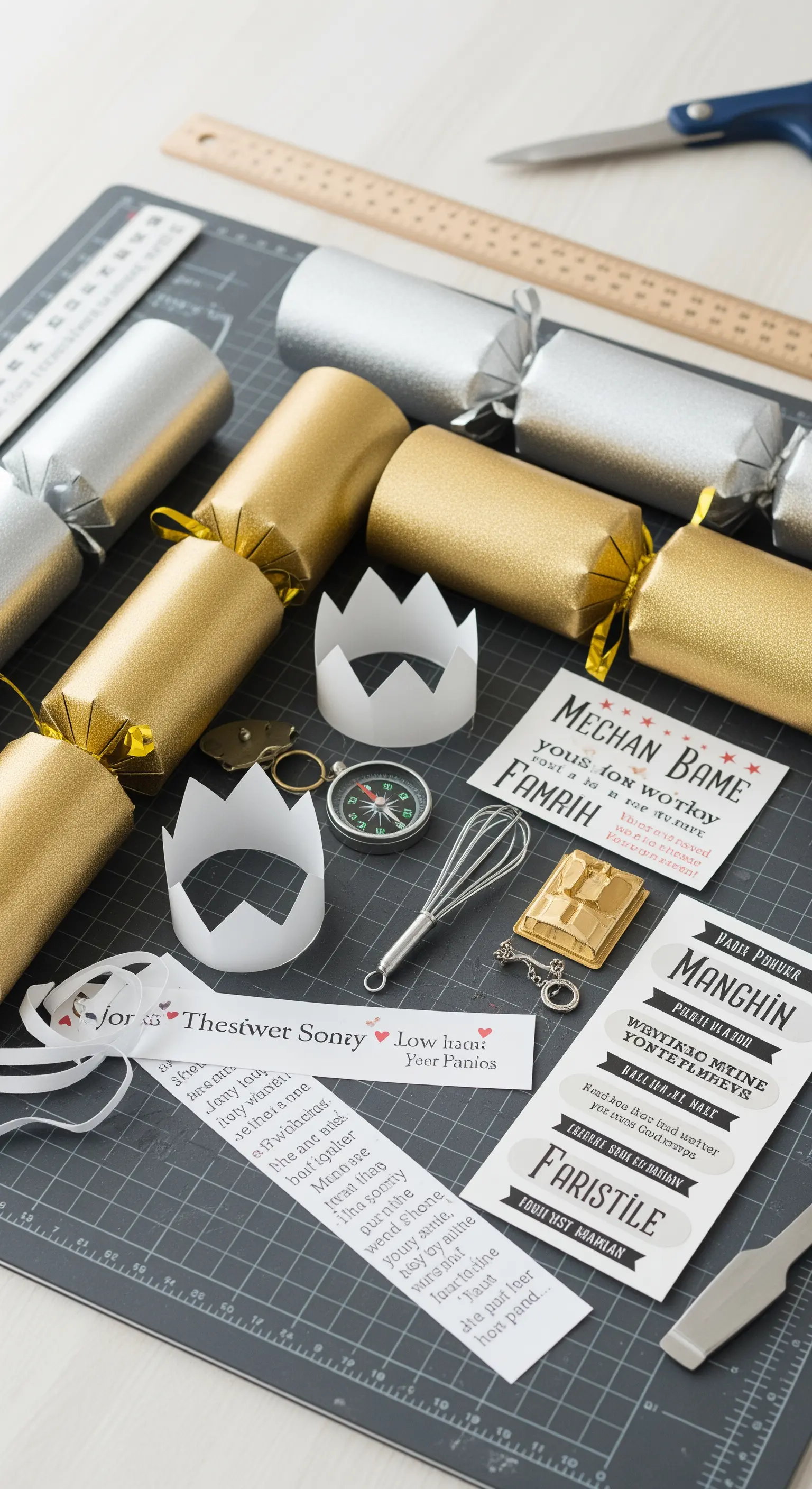 Christmas cracker fai-da-te dorati e argentati con piccoli regali personalizzati all'interno.