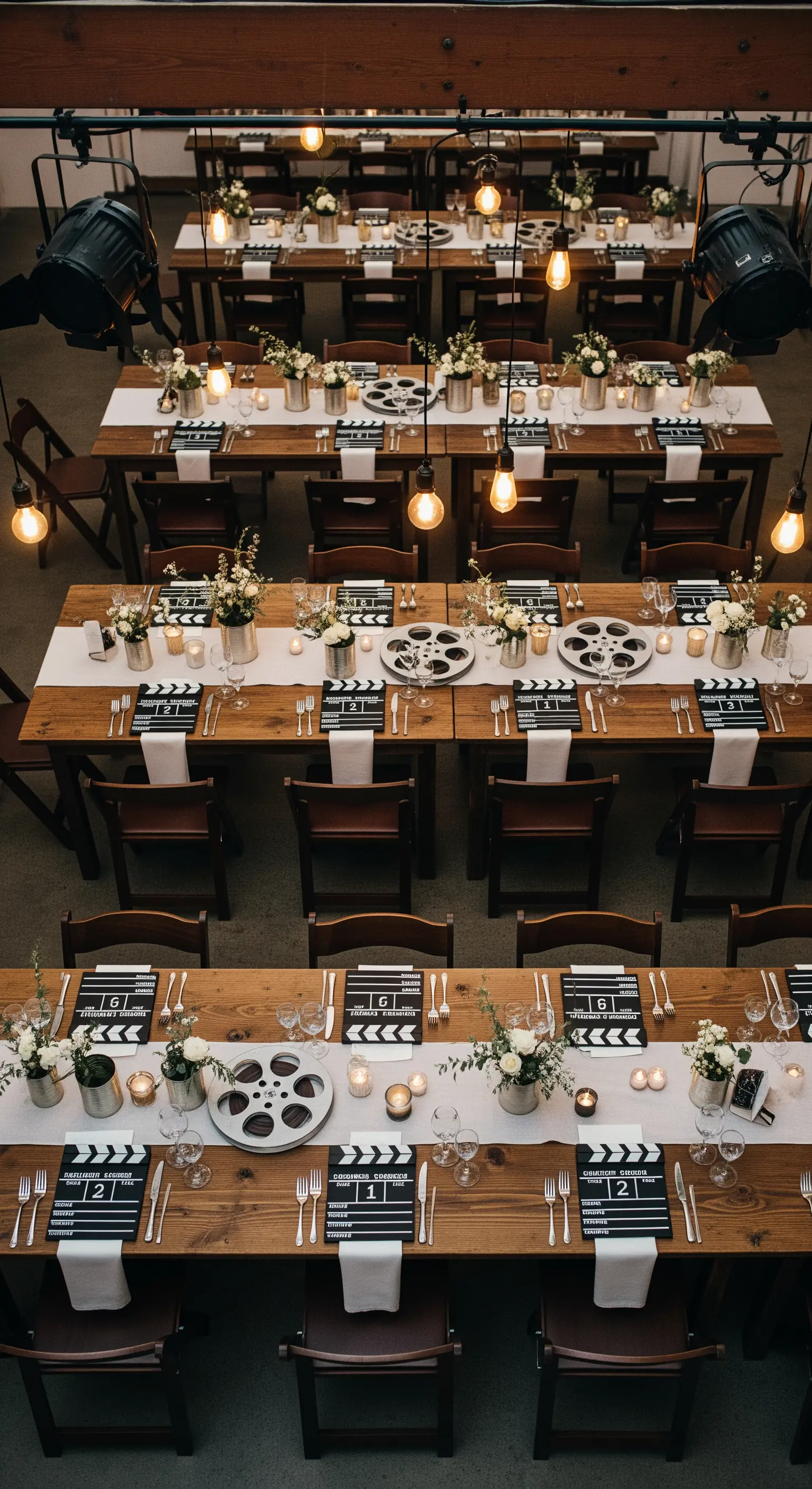 Tavoli da matrimonio in legno decorati con ciak, bobine di pellicola e lampadine a sospensione