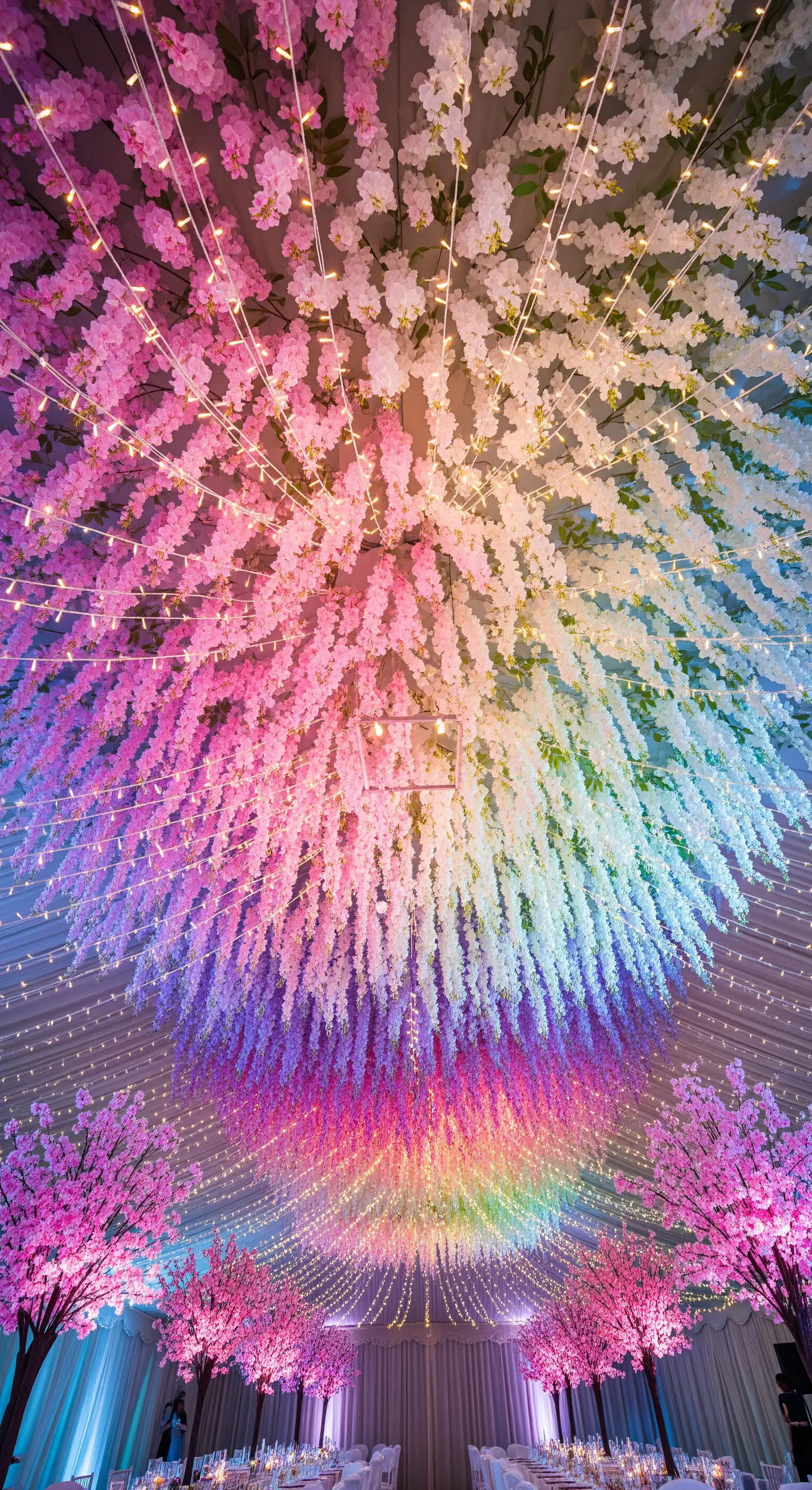Soffitto di un salone per ricevimenti coperto da glicine colorato e fili di luci.