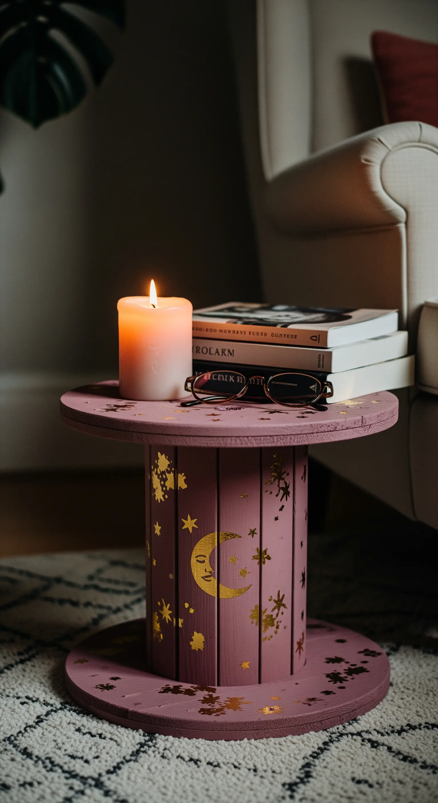 Tavolino a bobina rosa malva decorato con stelle e una luna dorate, accanto a una poltrona.