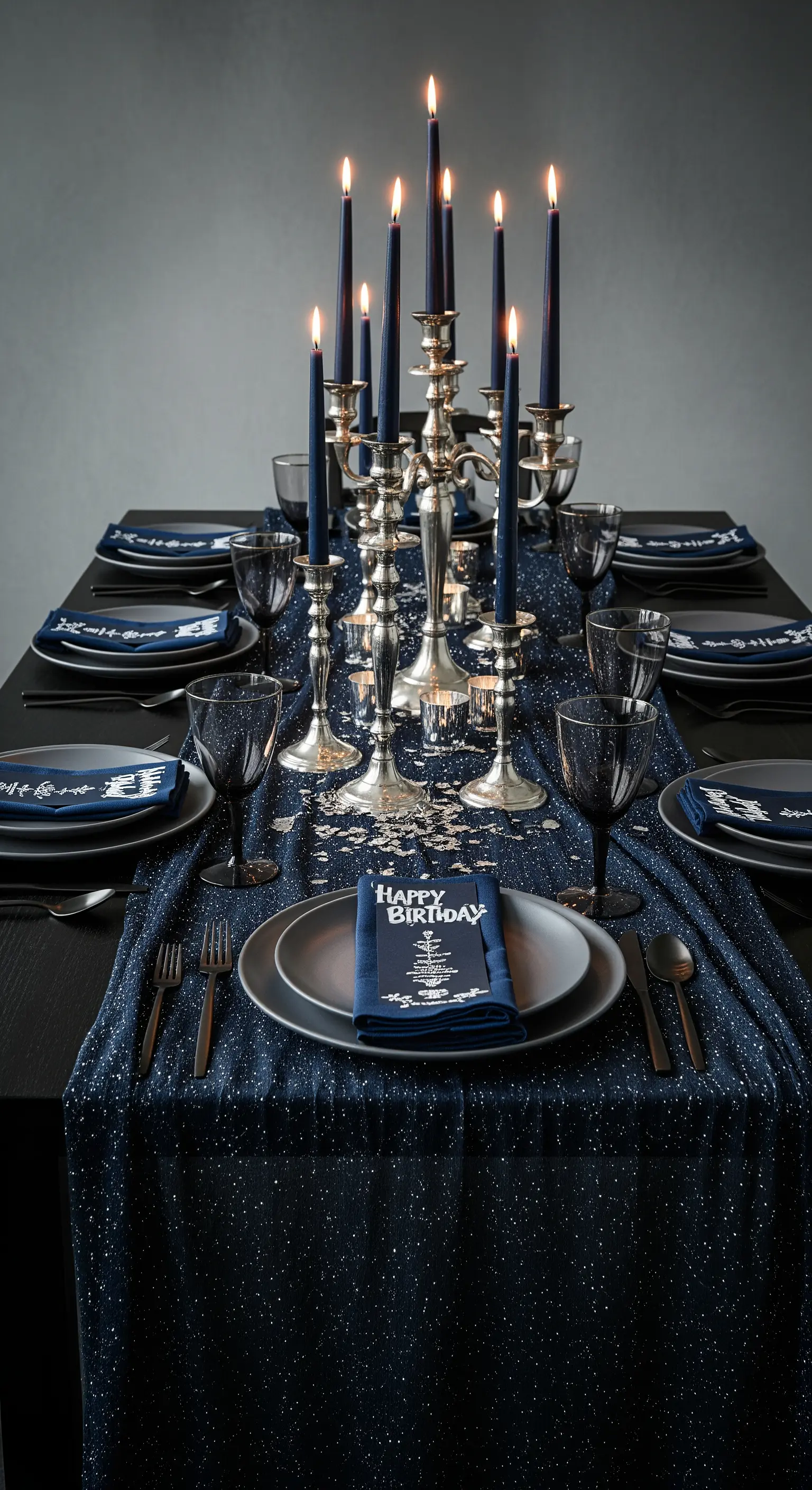 Tavola di compleanno blu notte con candelabri in argento e candele lunghe blu.