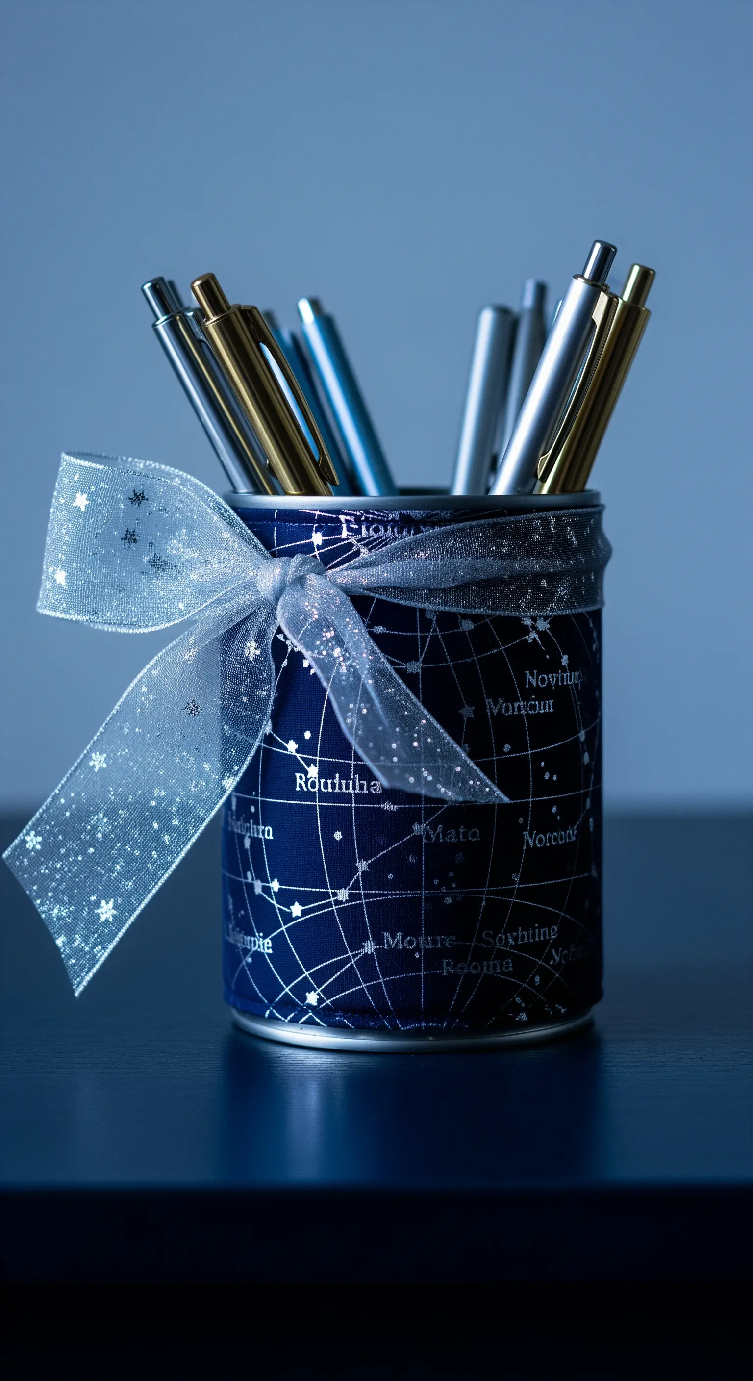 Portapenne blu scuro con stampa di costellazioni e un grande fiocco d'argento trasparente.