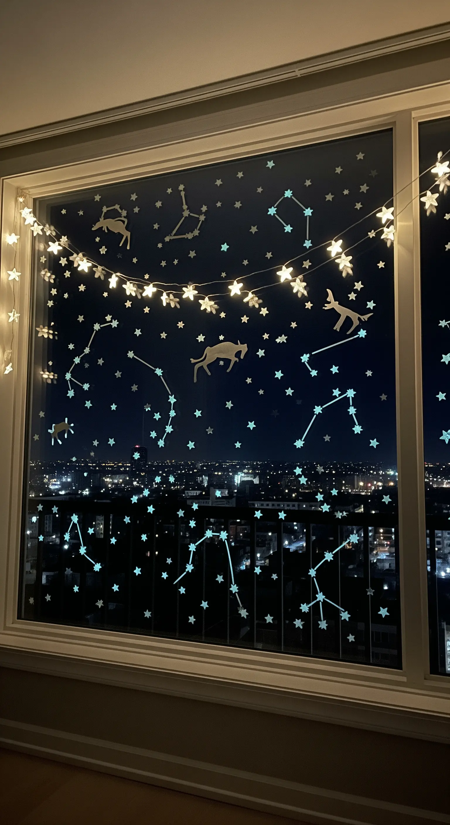 Decorazioni a forma di costellazioni e stelle che si illuminano al buio su una finestra.