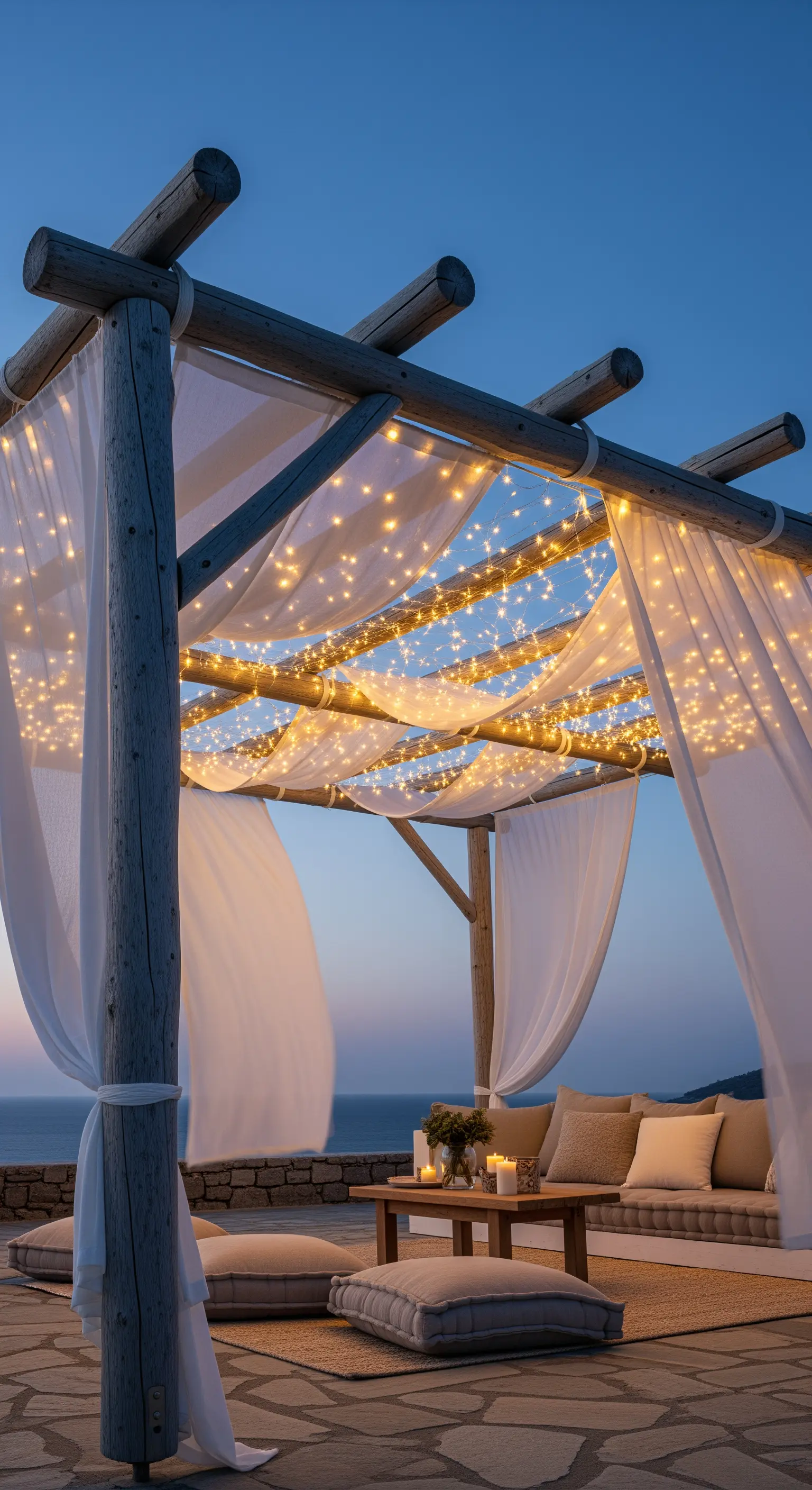 Pergola in legno con tende bianche e una rete di lucine calde sospese.