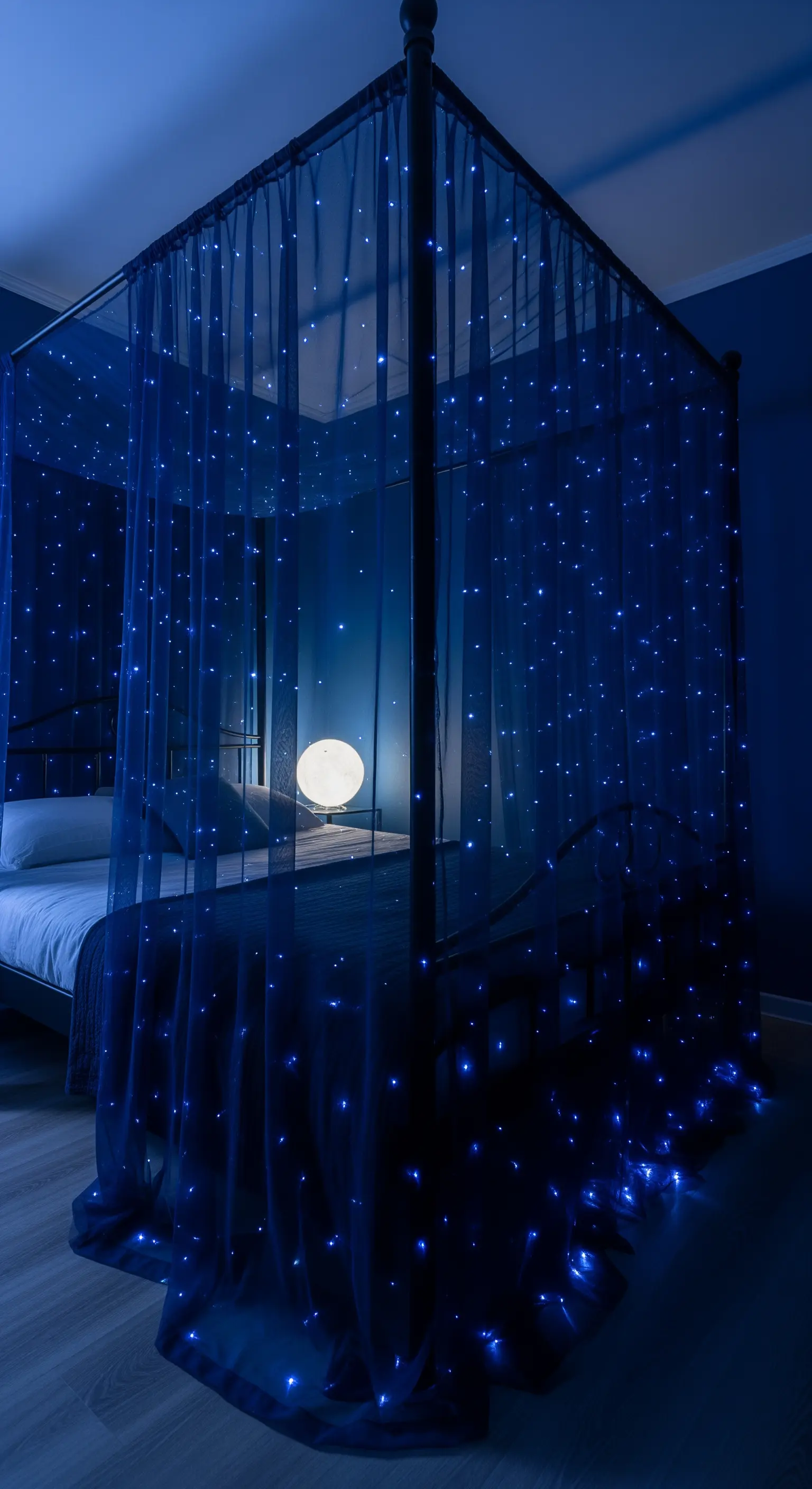 Letto a baldacchino nero avvolto in un velo blu scuro con piccole luci a LED.