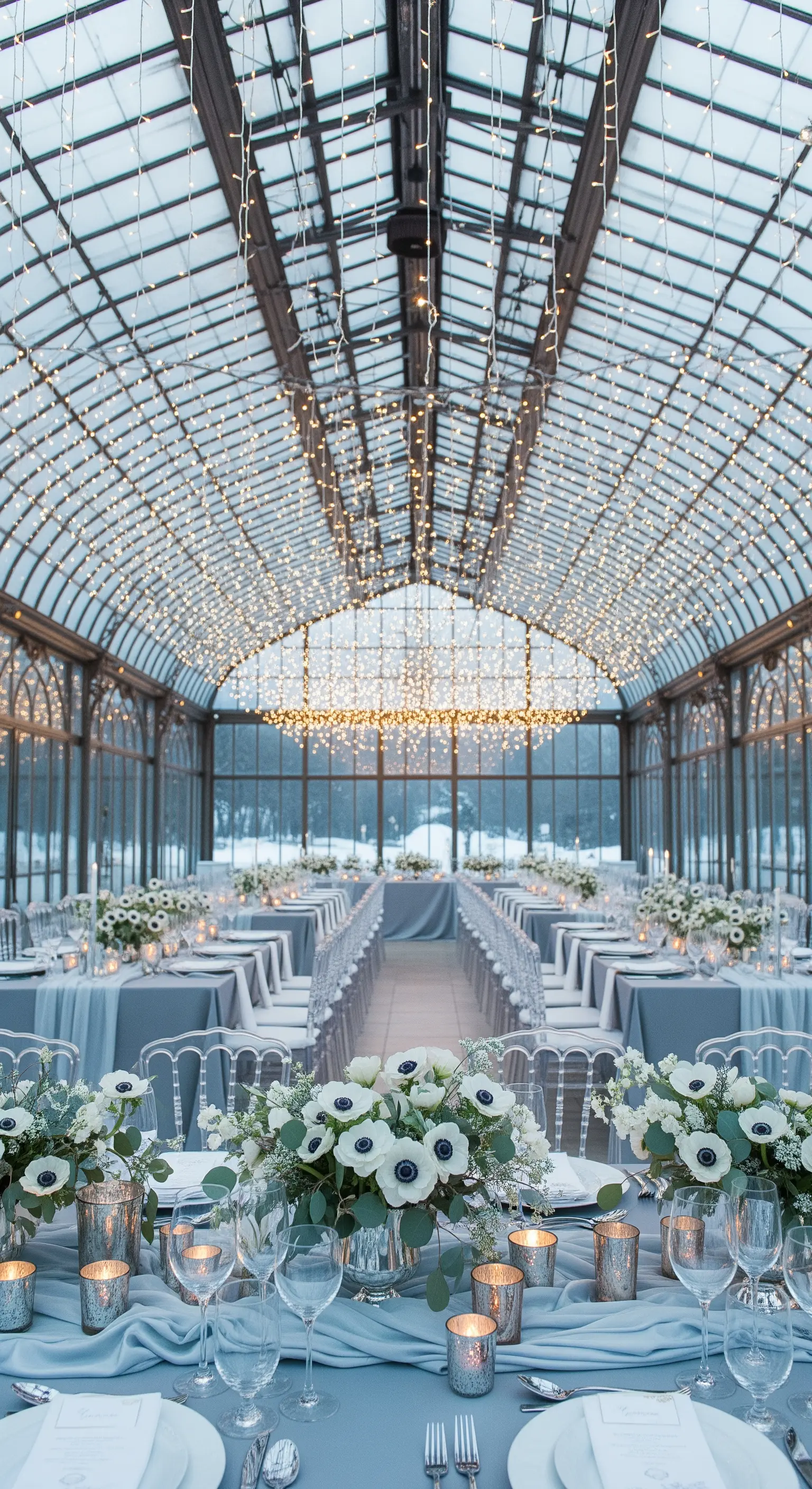 Ricevimento in una serra di vetro con soffitto di lucine e tavoli azzurri.