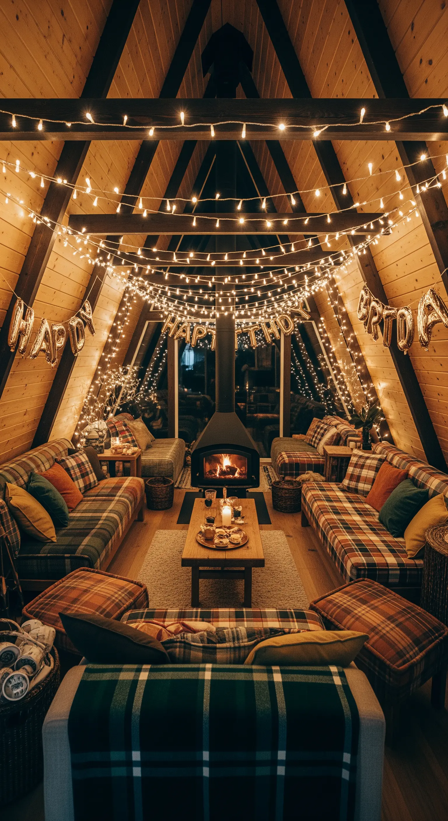 Interno di una baita a forma di A con divani scozzesi, camino e lucine sospese.