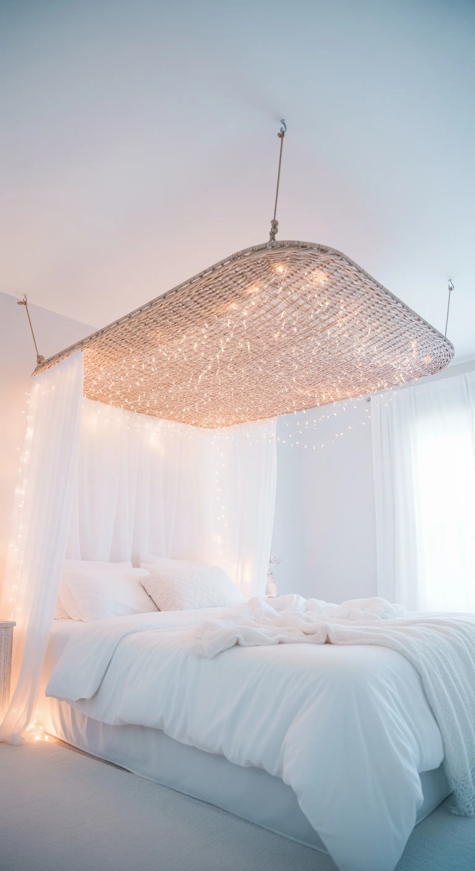 Pannello di vimini con lucine appeso sopra un letto per creare un baldacchino luminoso.