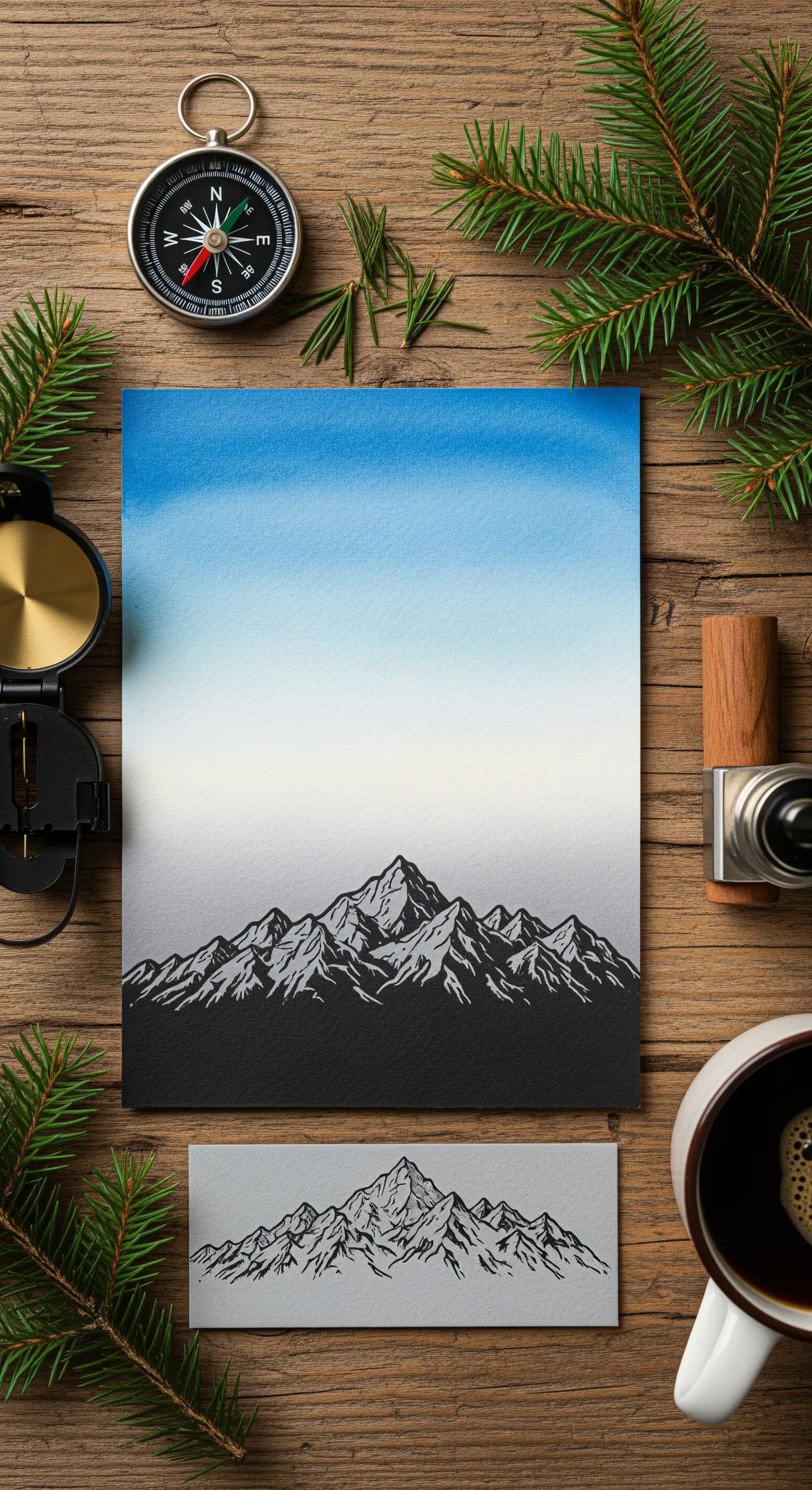 Invito con profilo di montagne stampate in nero su uno sfondo di cielo azzurro sfumato.