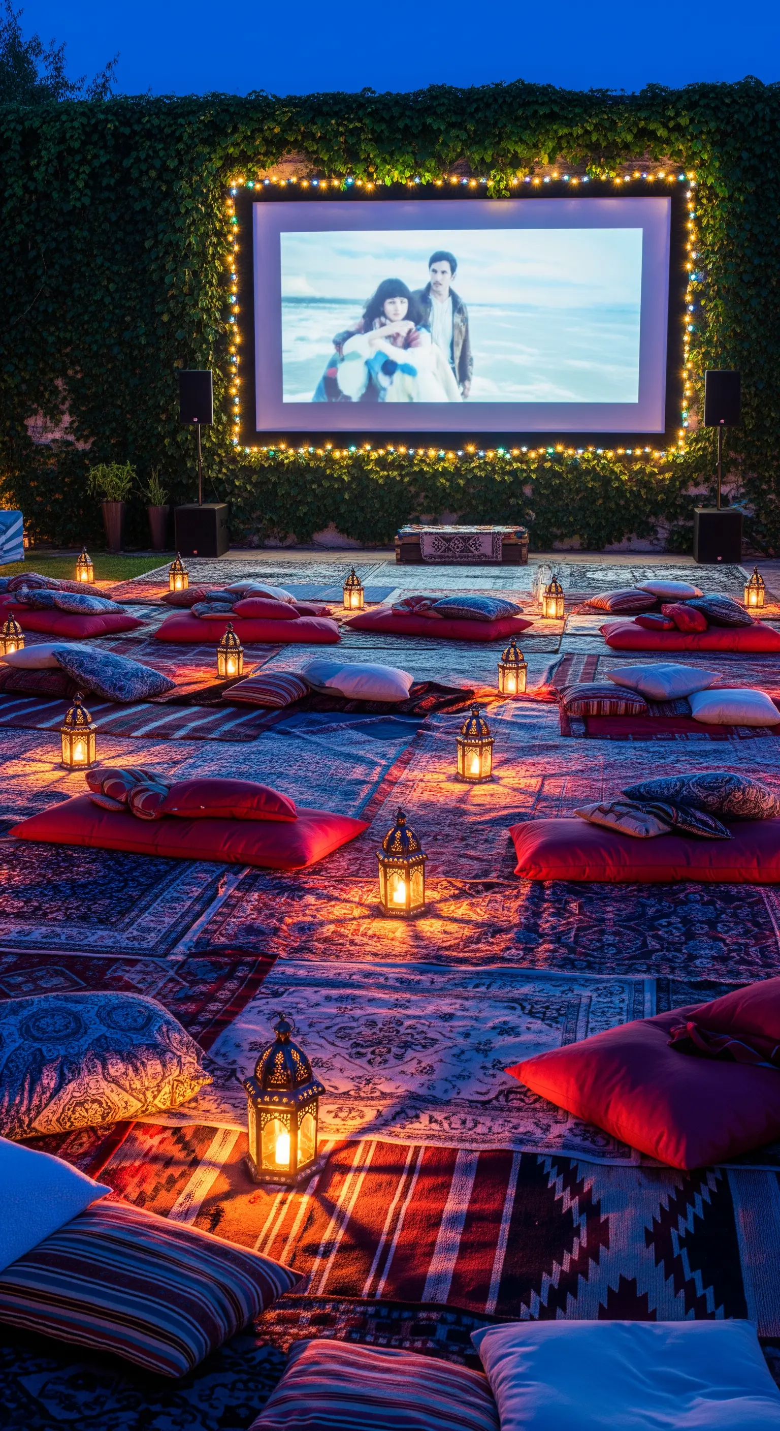 Cinema all'aperto con tappeti kilim, cuscini e piccole lanterne per l'illuminazione.