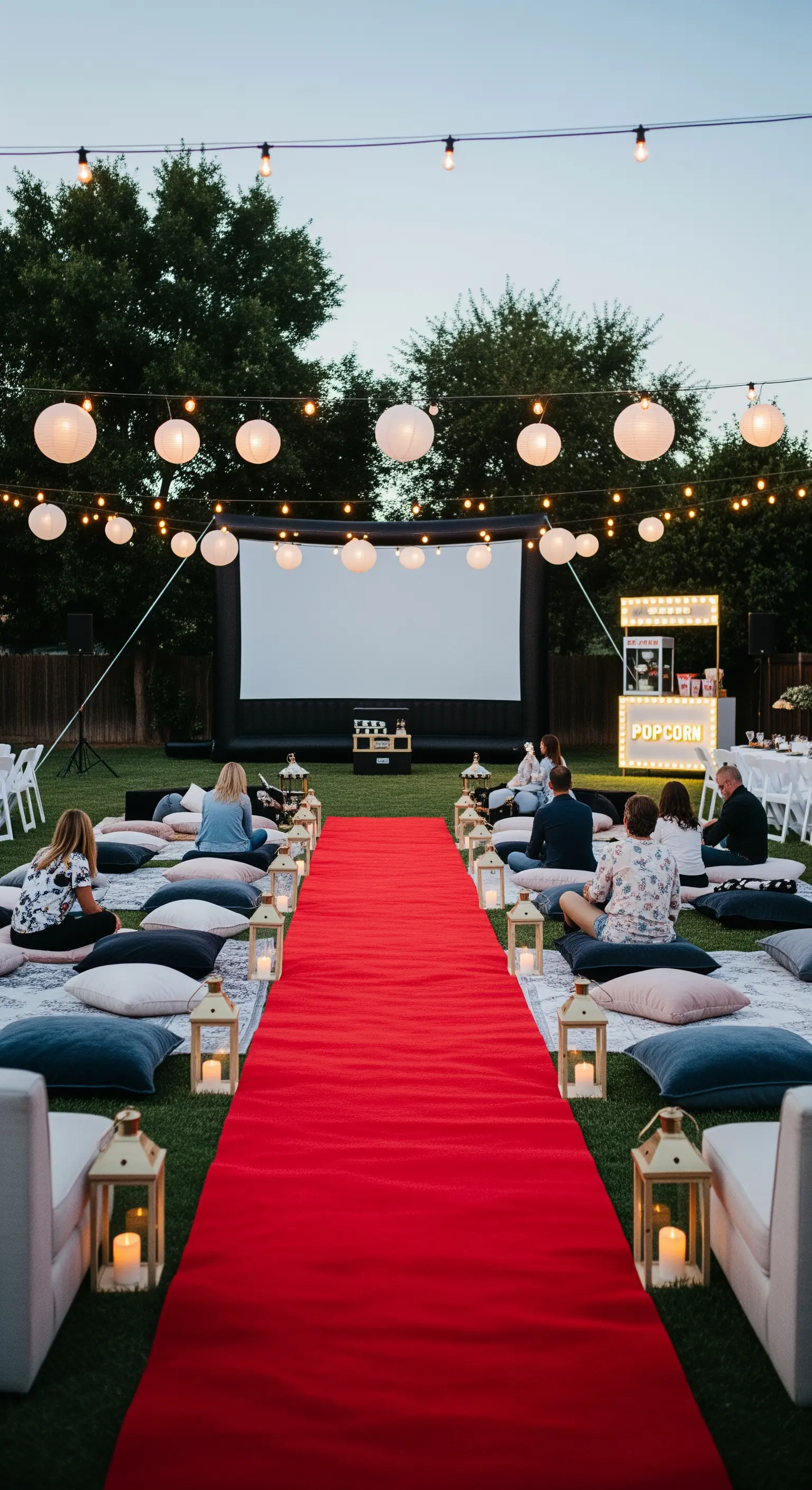 Cinema all'aperto in giardino con tappeto rosso, cuscini e schermo gigante.