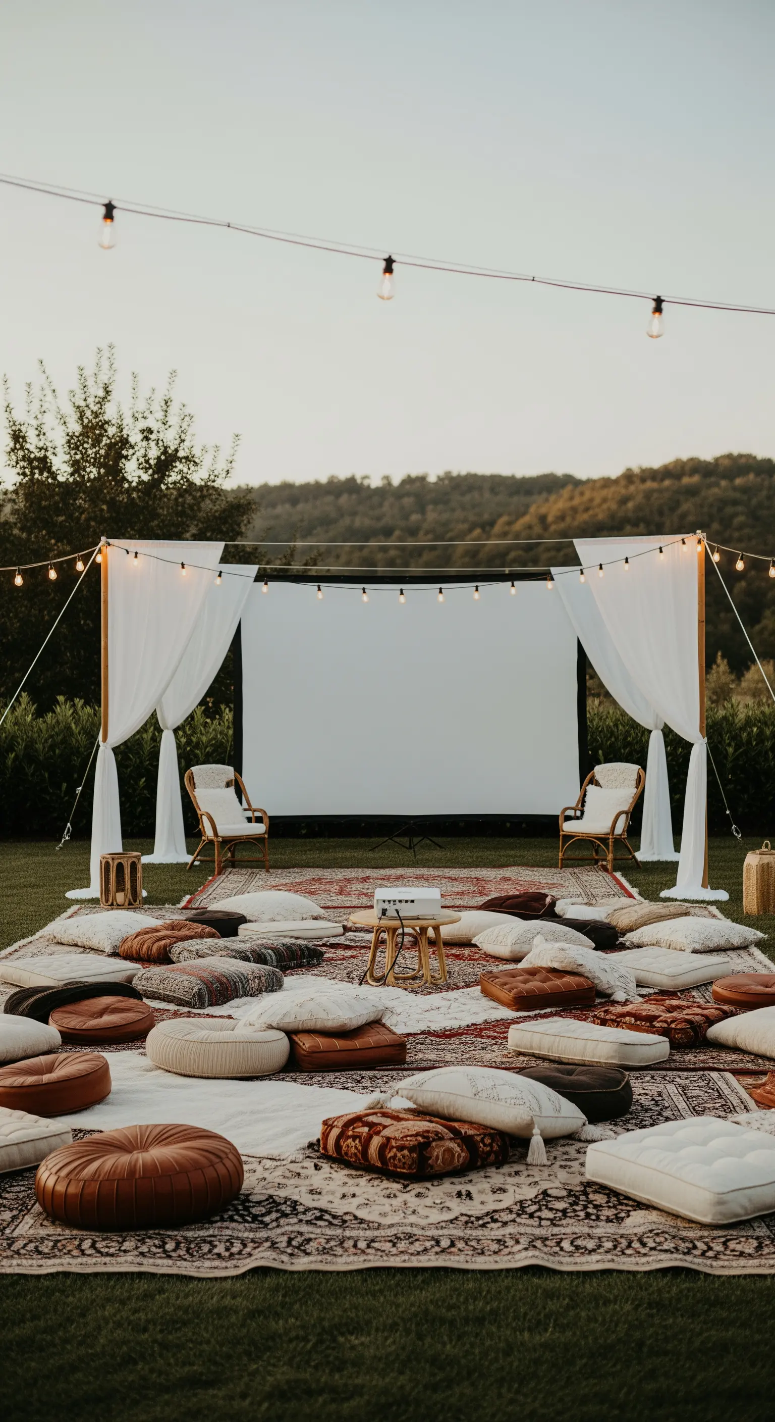 Allestimento per cinema all'aperto con schermo, tende bianche e cuscini a terra.