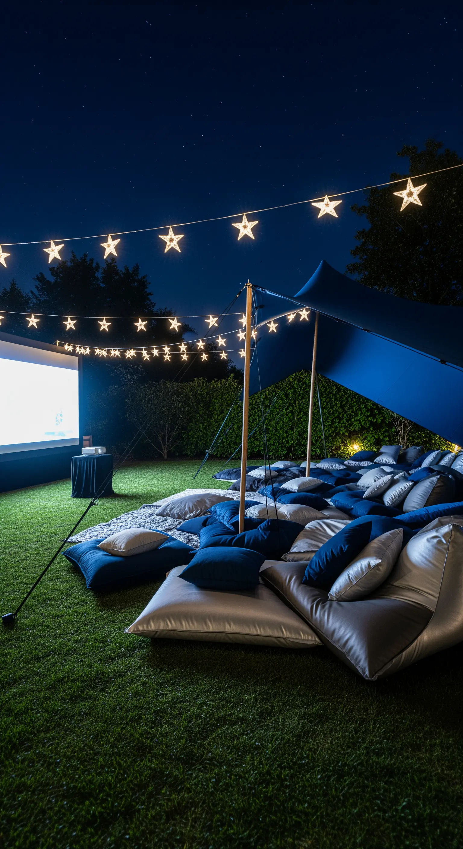 Cinema all'aperto in giardino con proiettore, telo blu e luci a forma di stella.