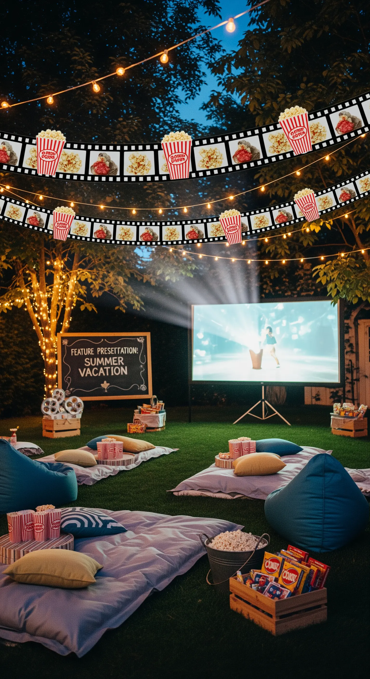 Allestimento per cinema all'aperto con proiettore, cuscini, popcorn e lucine.