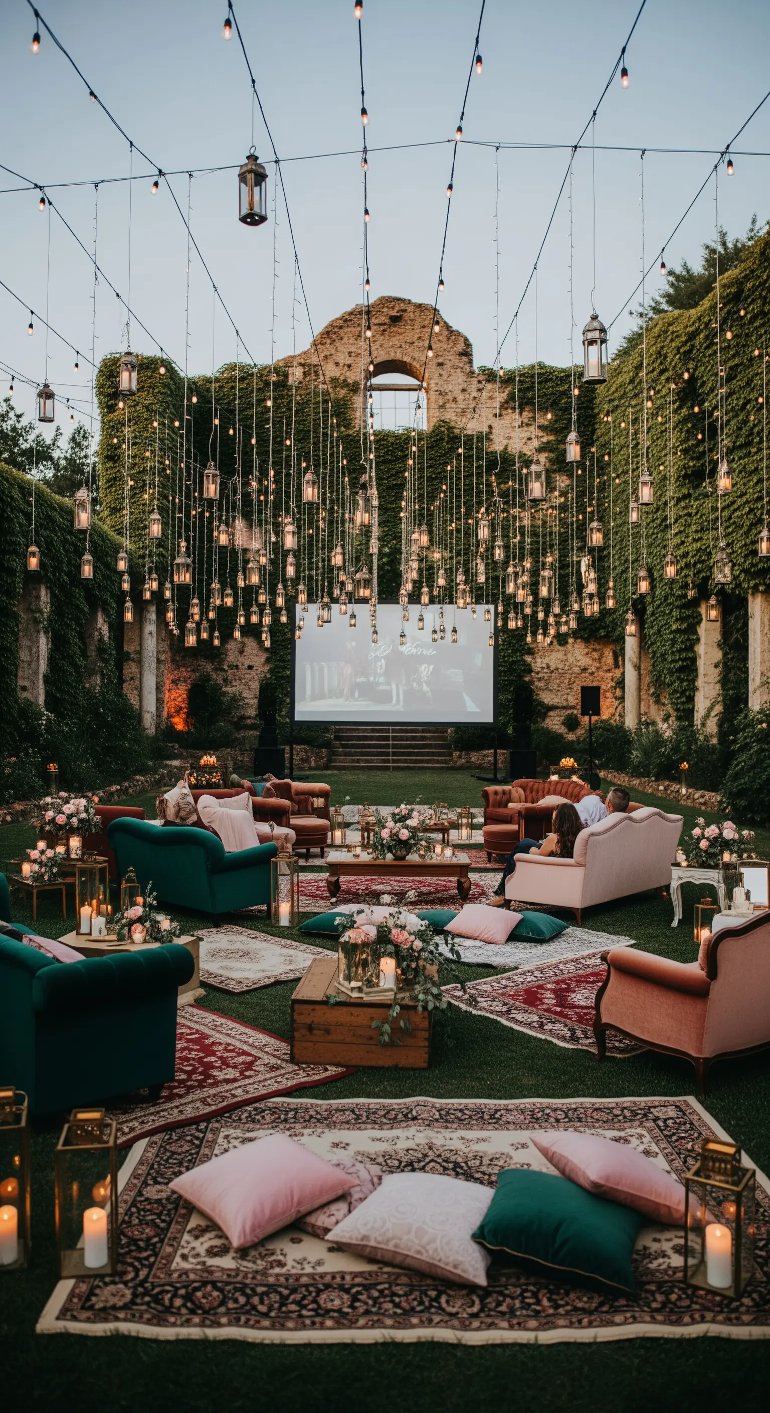 Allestimento di un cinema all'aperto in un giardino con divani, tappeti e lanterne sospese