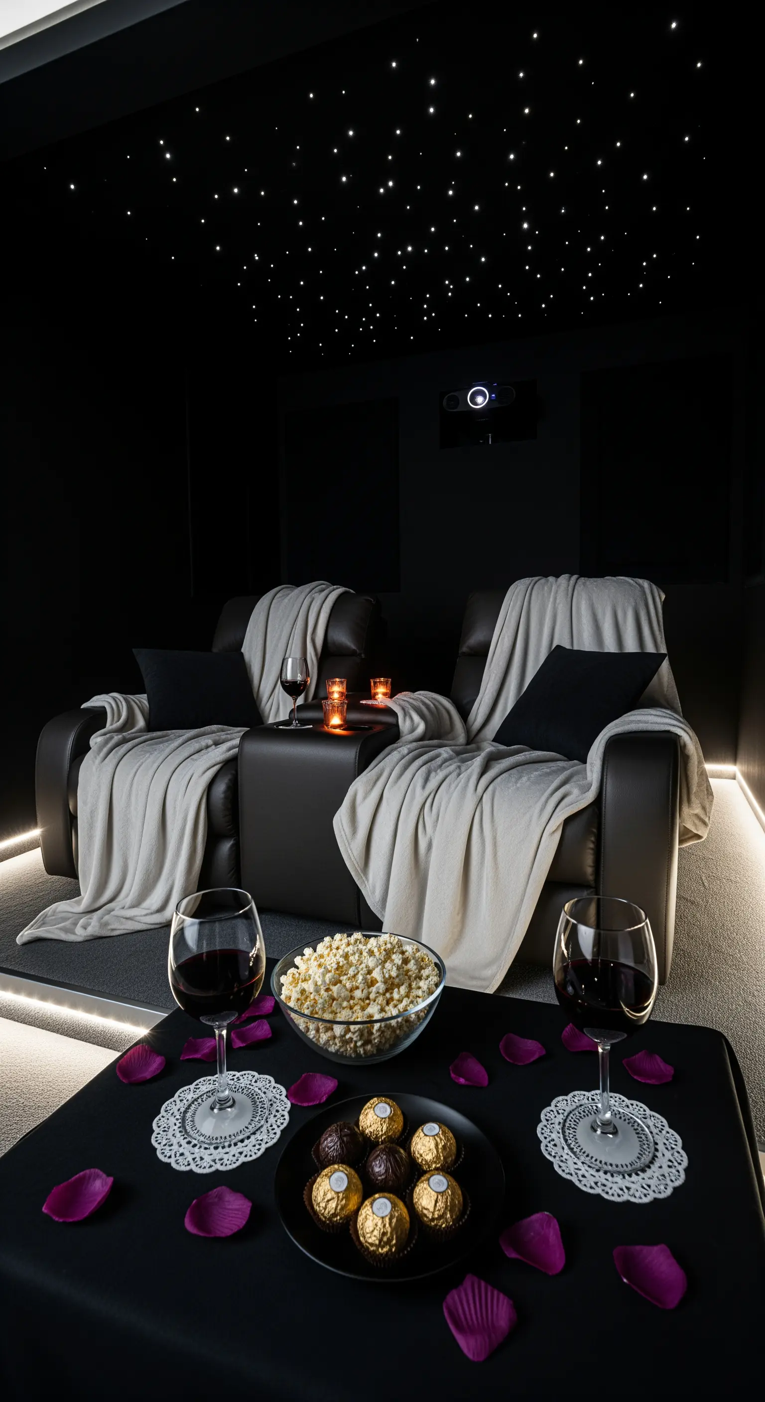 Home cinema privato con poltrone in pelle, vino rosso e un soffitto illuminato come un cielo stellato.