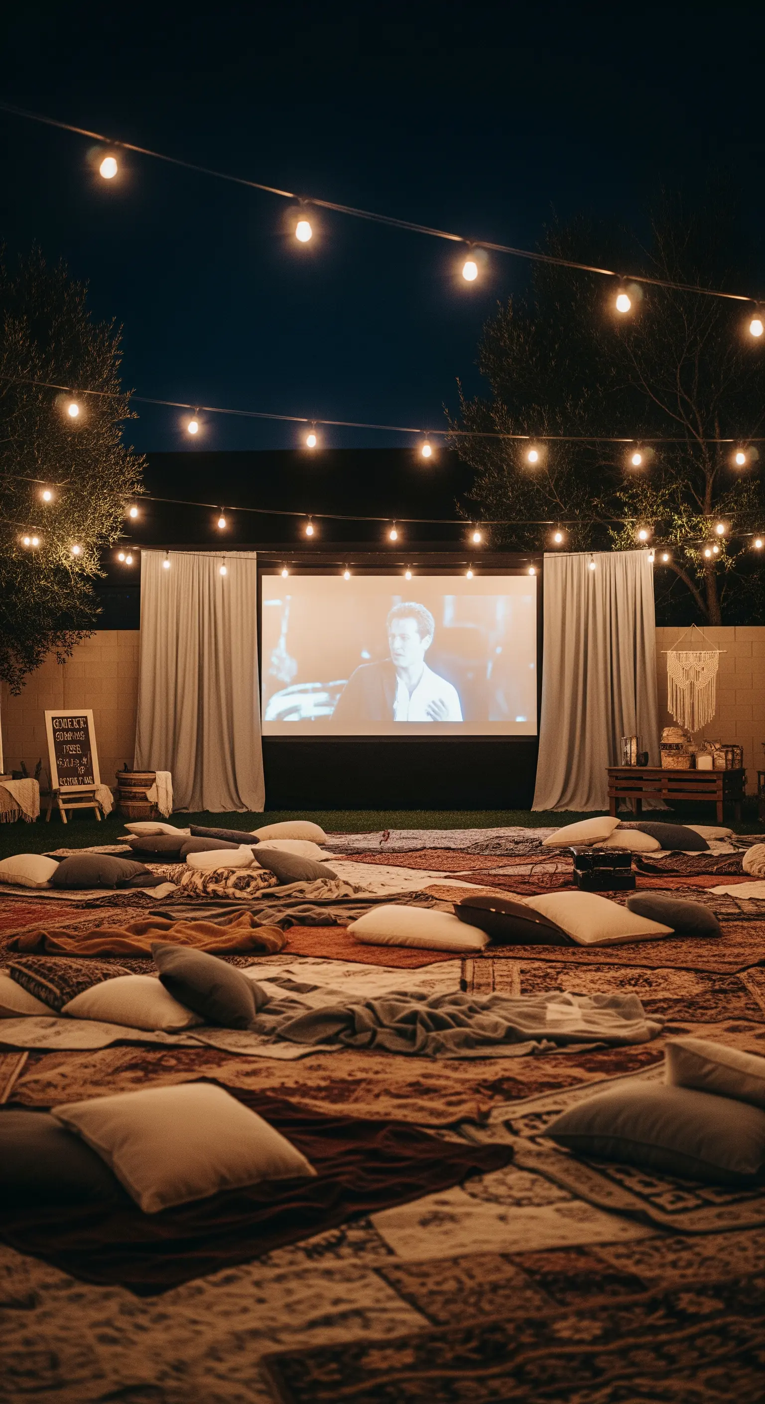 Cinema all'aperto di notte con un grande telo, tappeti patchwork e cuscini per sedersi.