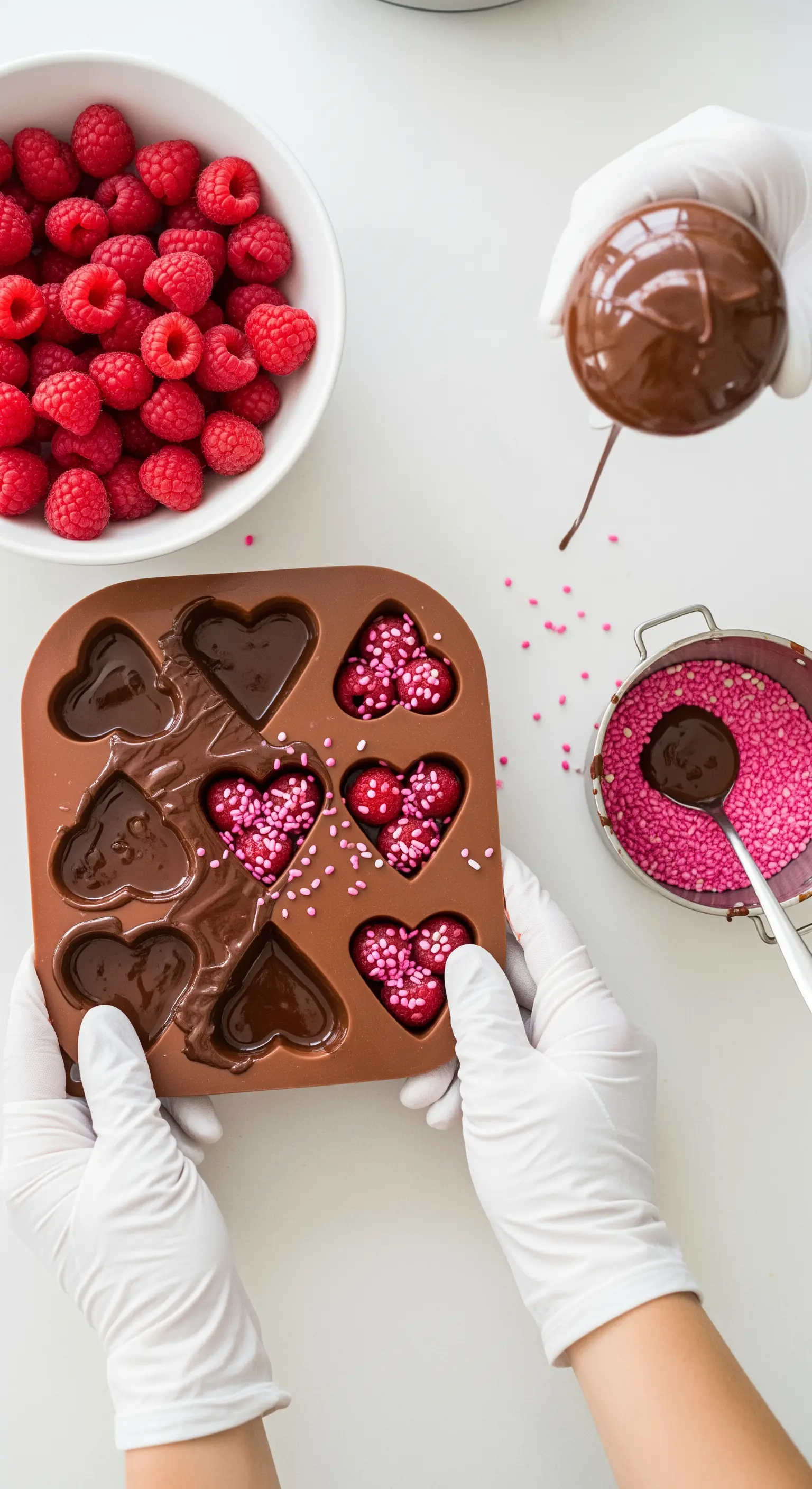 Mani che preparano cioccolatini a forma di cuore con lamponi e zuccherini rosa.
