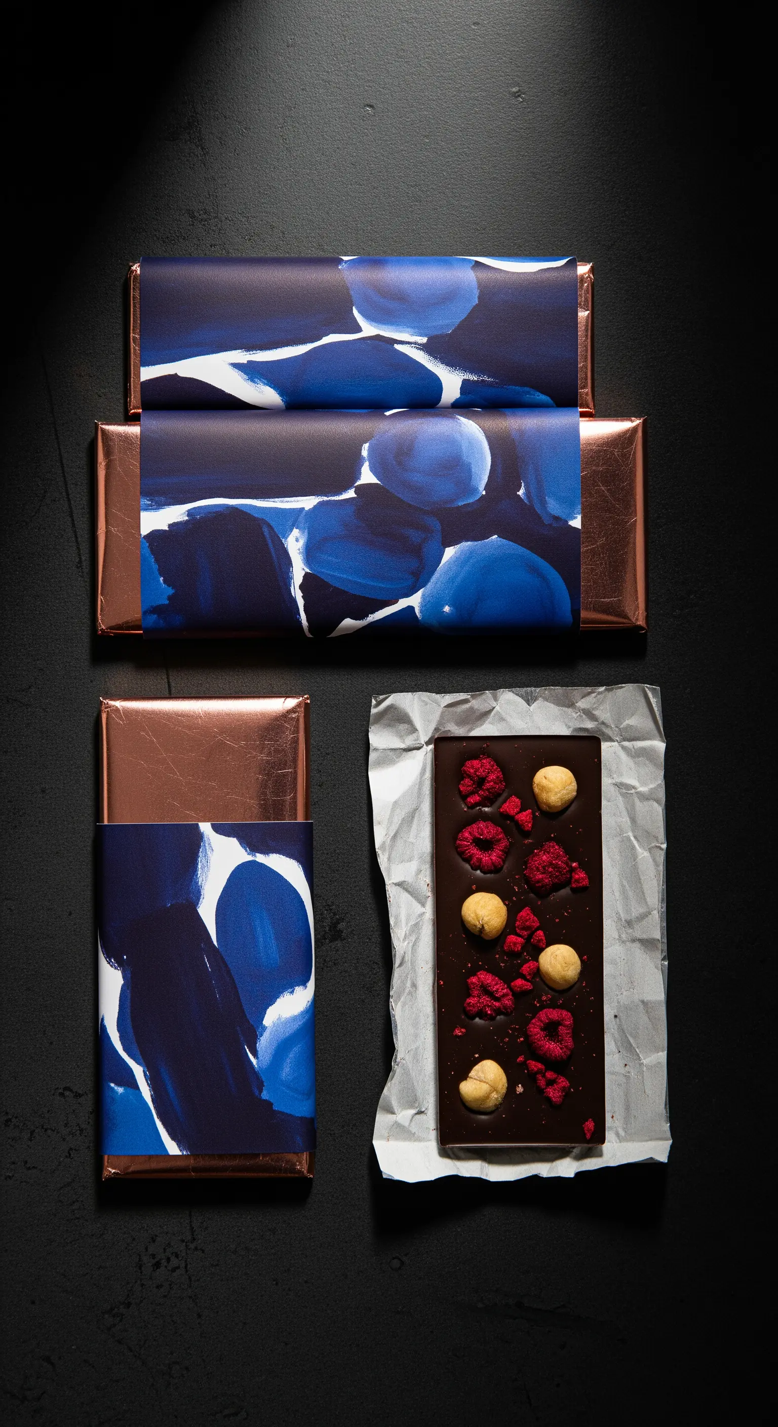 Tavolette di cioccolato artigianale con incarto dipinto a mano con motivi astratti blu