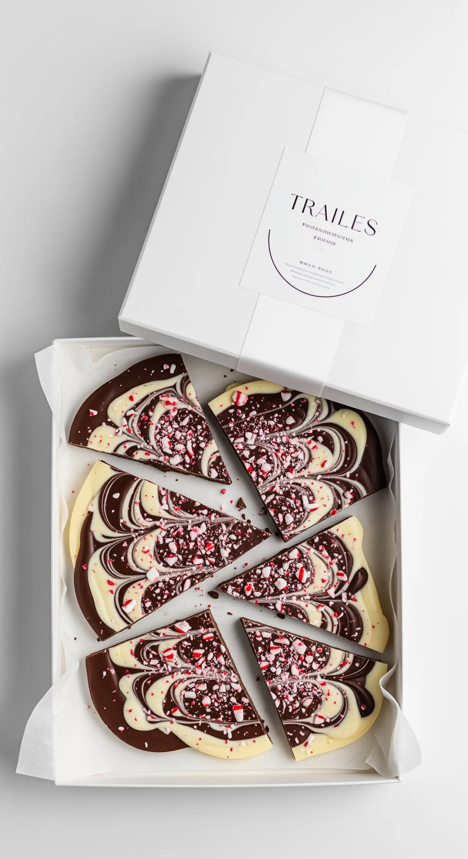 Scatola bianca con pezzi di cioccolato marmorizzato alla menta piperita.