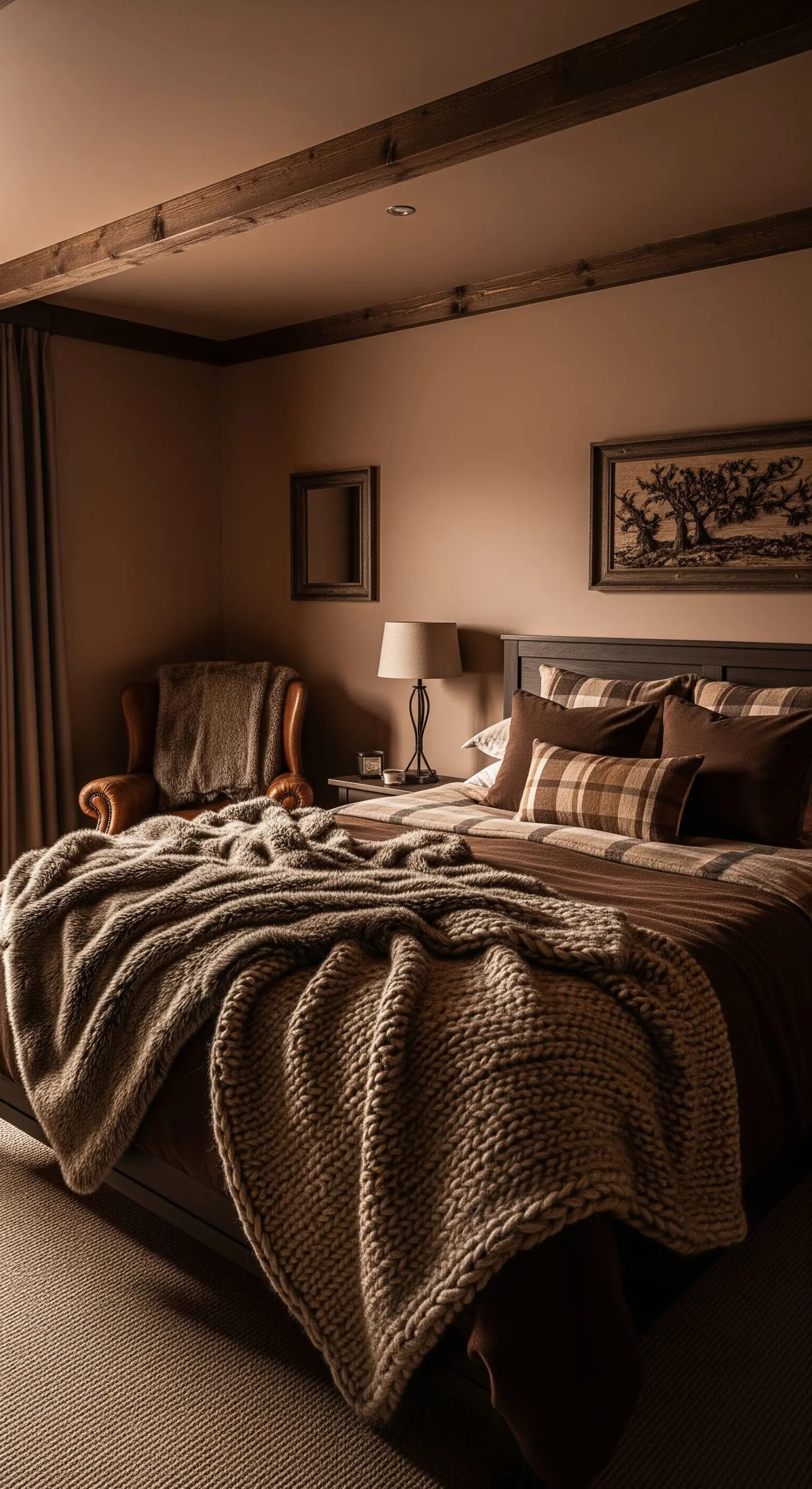 Camera da letto marrone con travi in legno, coperta di lana spessa e poltrona in pelle.