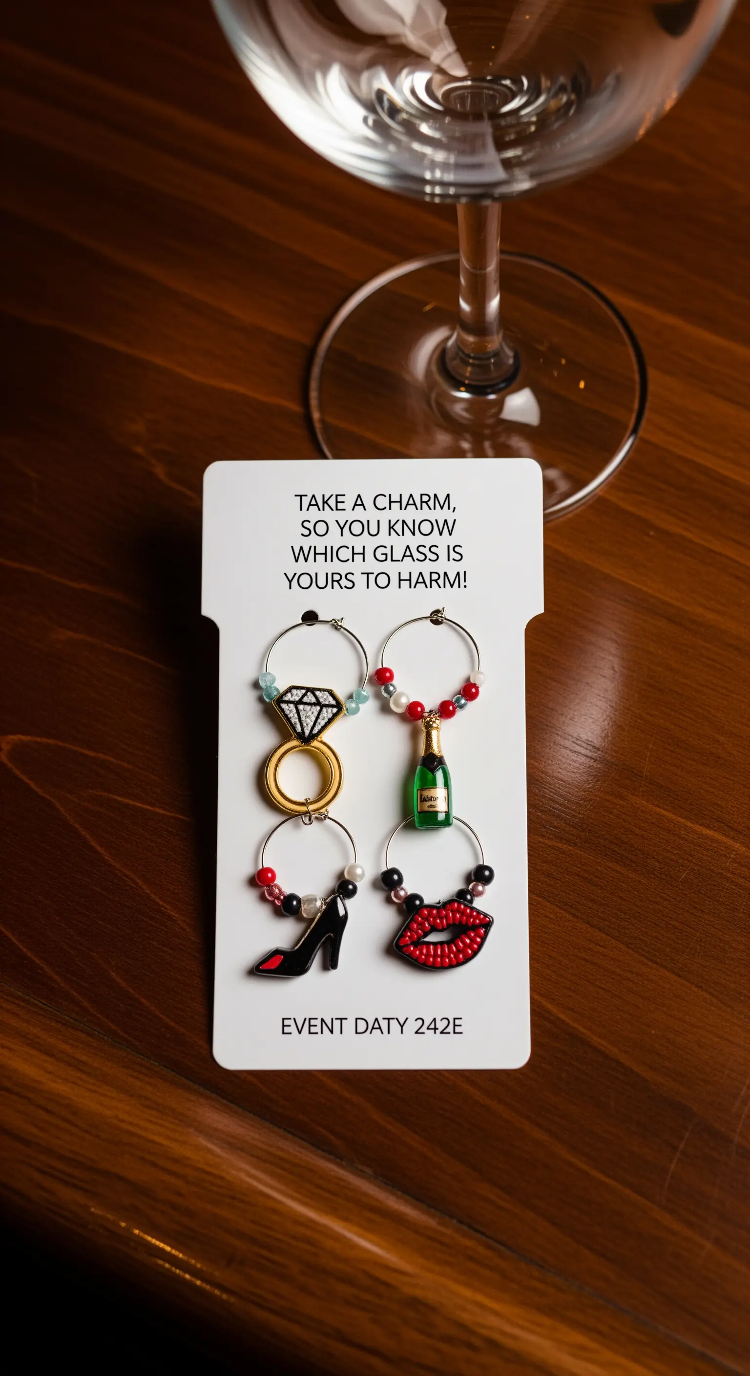 Set di ciondoli segna-bicchiere a tema addio al nubilato su un cartoncino espositivo.