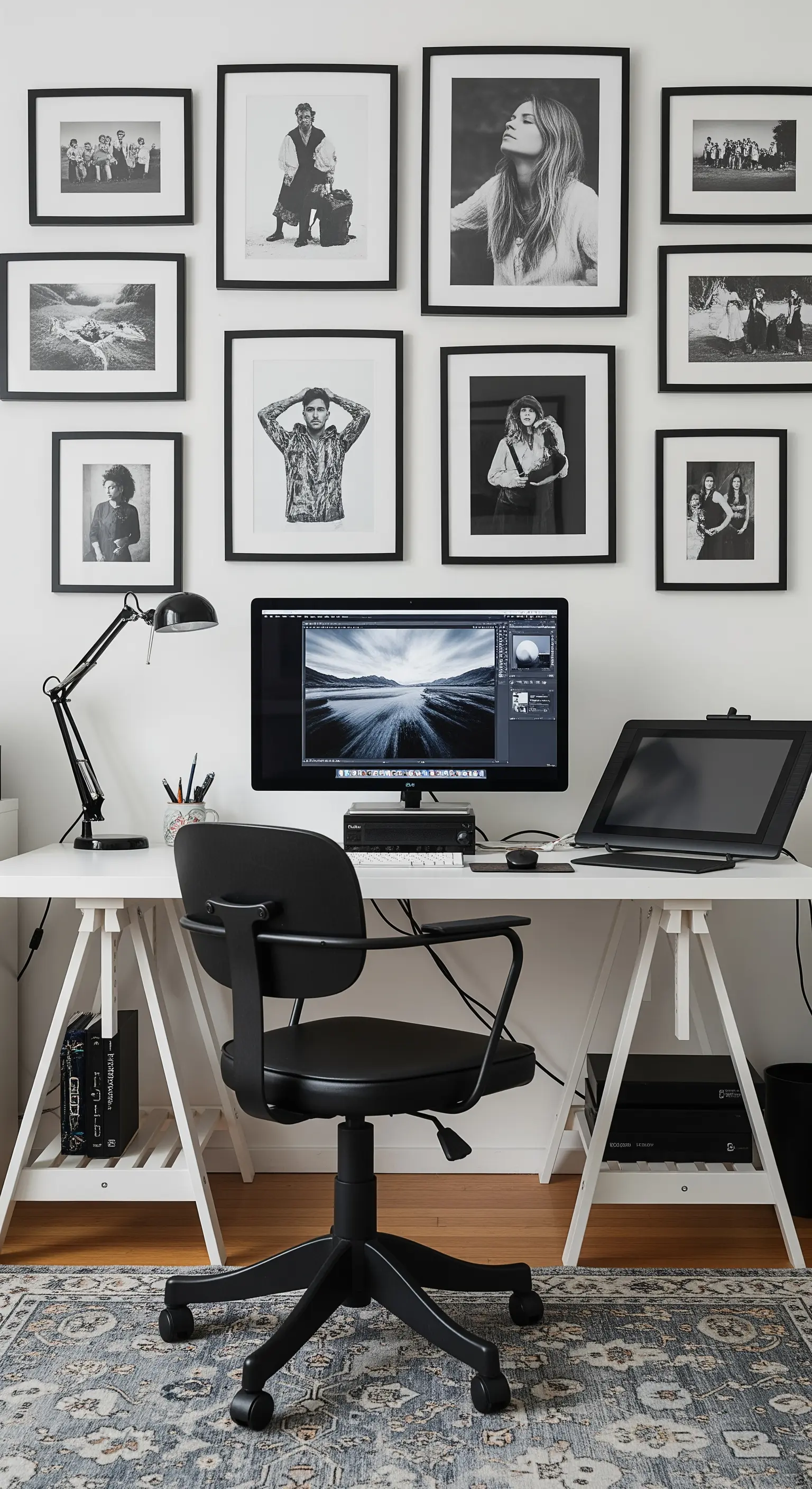 Home office per un fotografo con una gallery wall di foto in bianco e nero dietro al computer.
