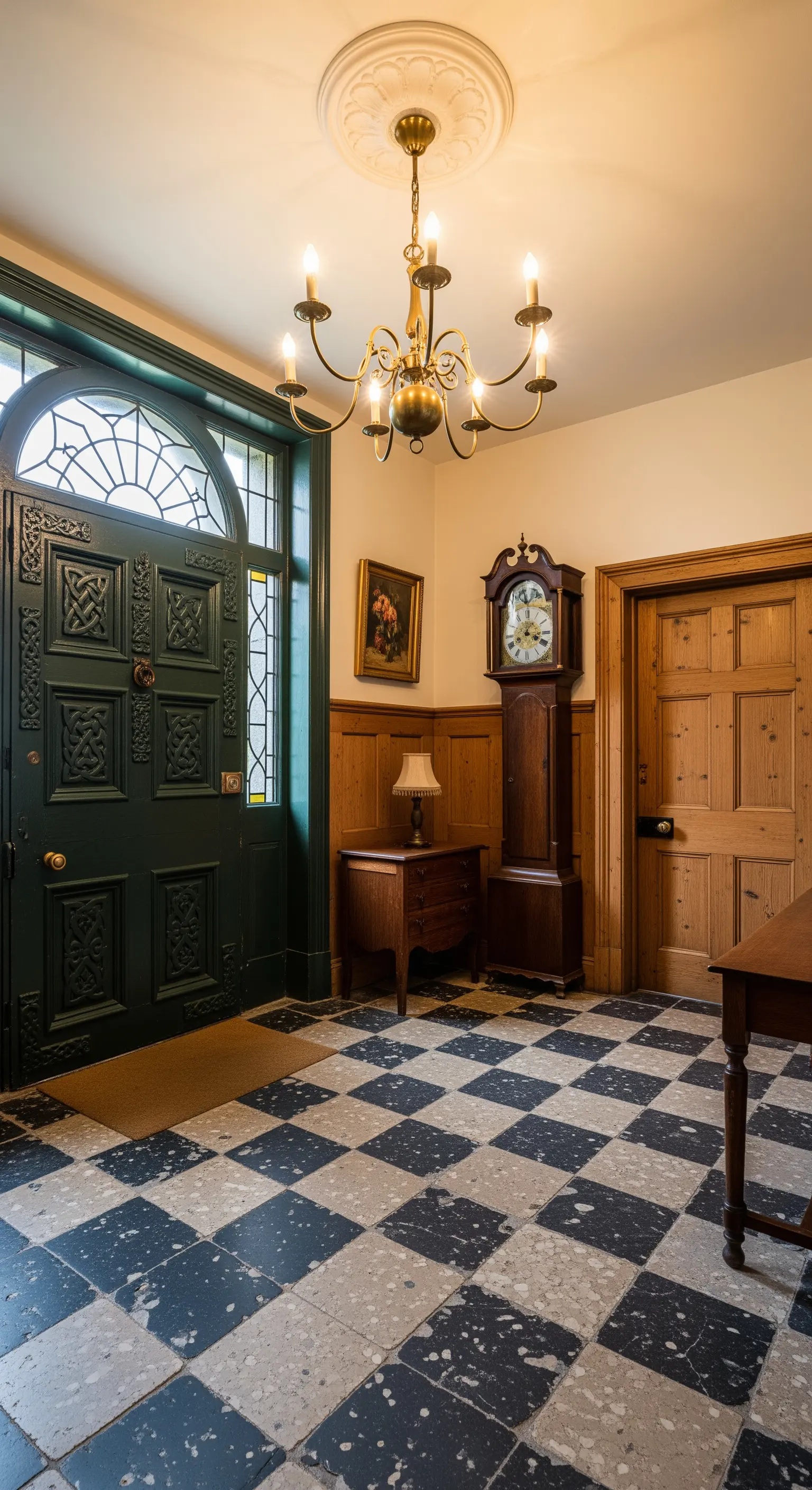 Ingresso tradizionale inglese con porta verde scuro, pavimento a scacchiera e orologio a pendolo.