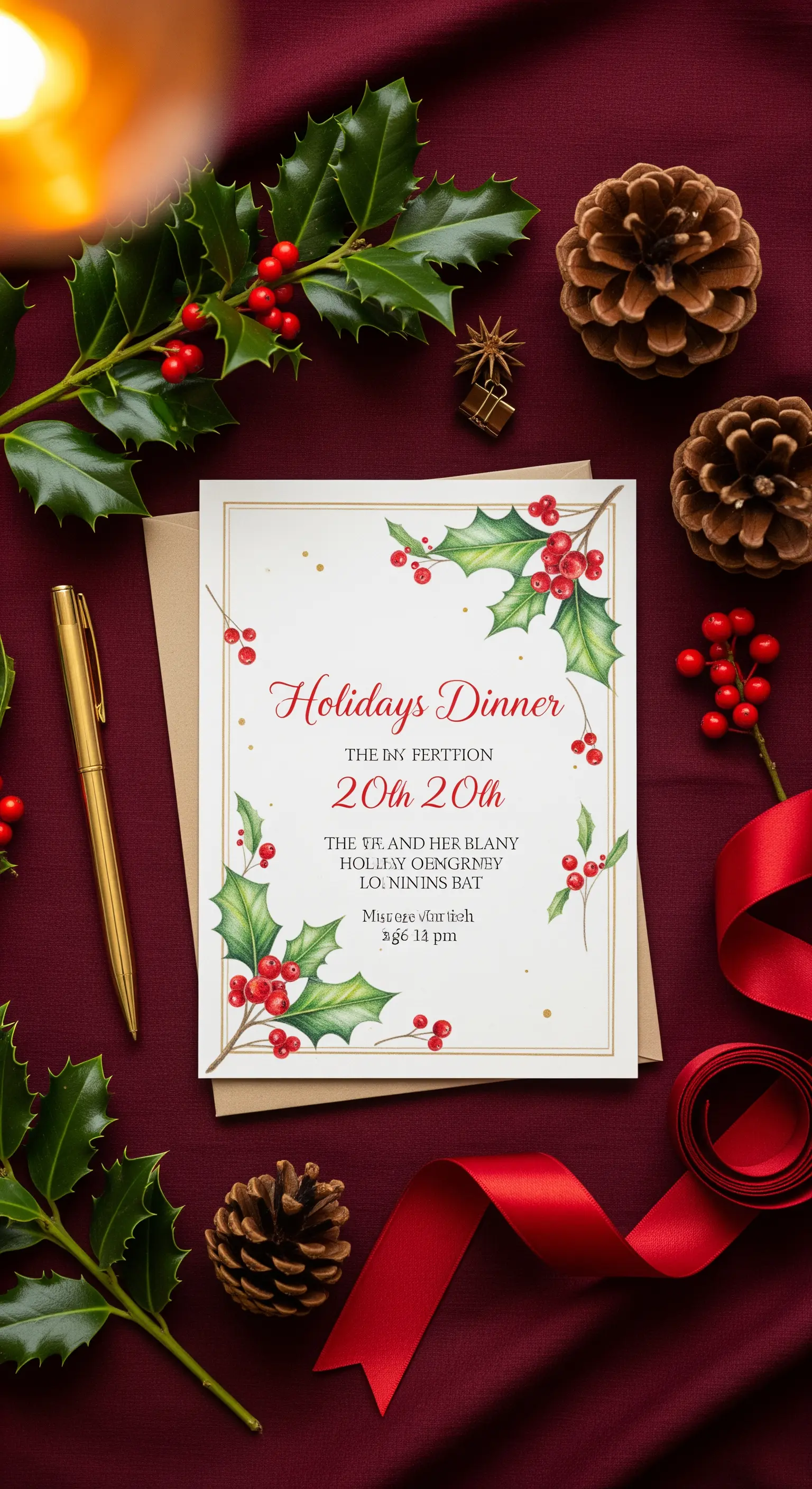 Invito per una cena delle feste con illustrazioni di agrifoglio e dettagli dorati.