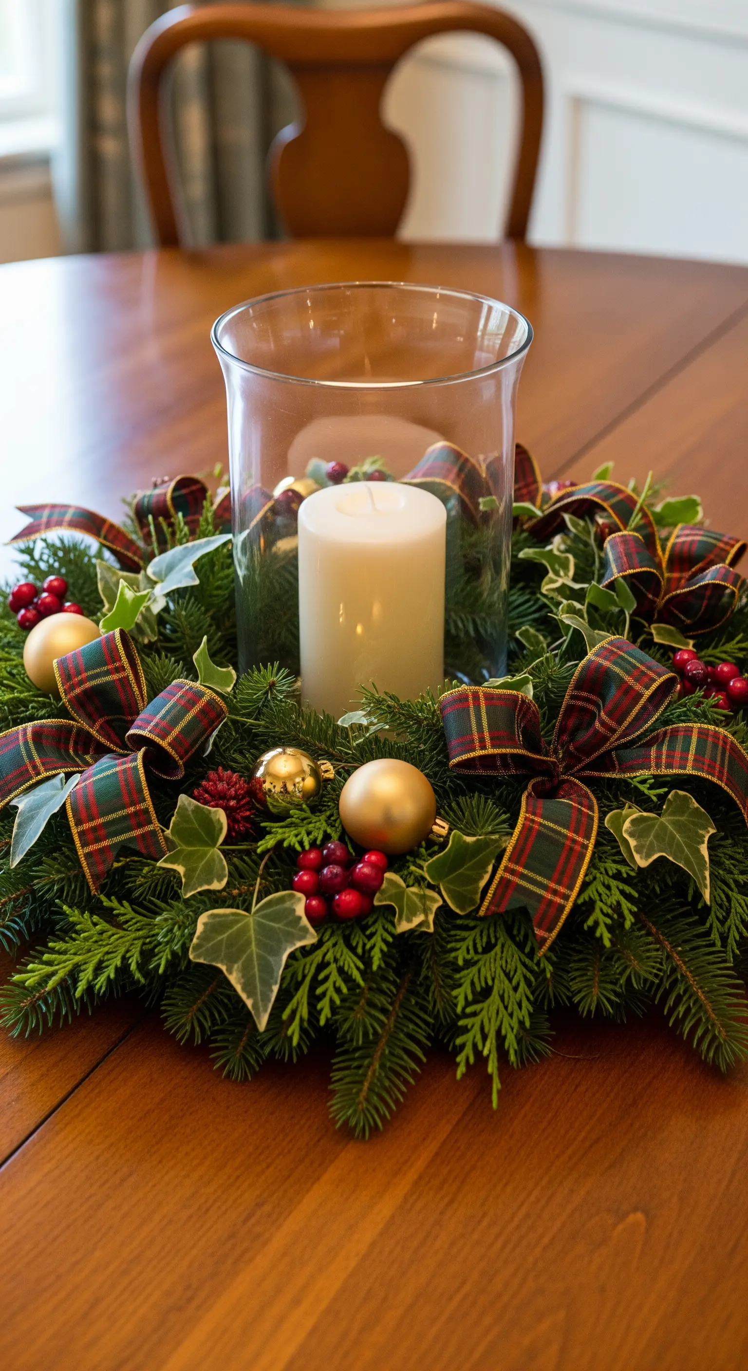 Centrotavola a ghirlanda con nastro tartan, palline dorate e una candela in vaso.
