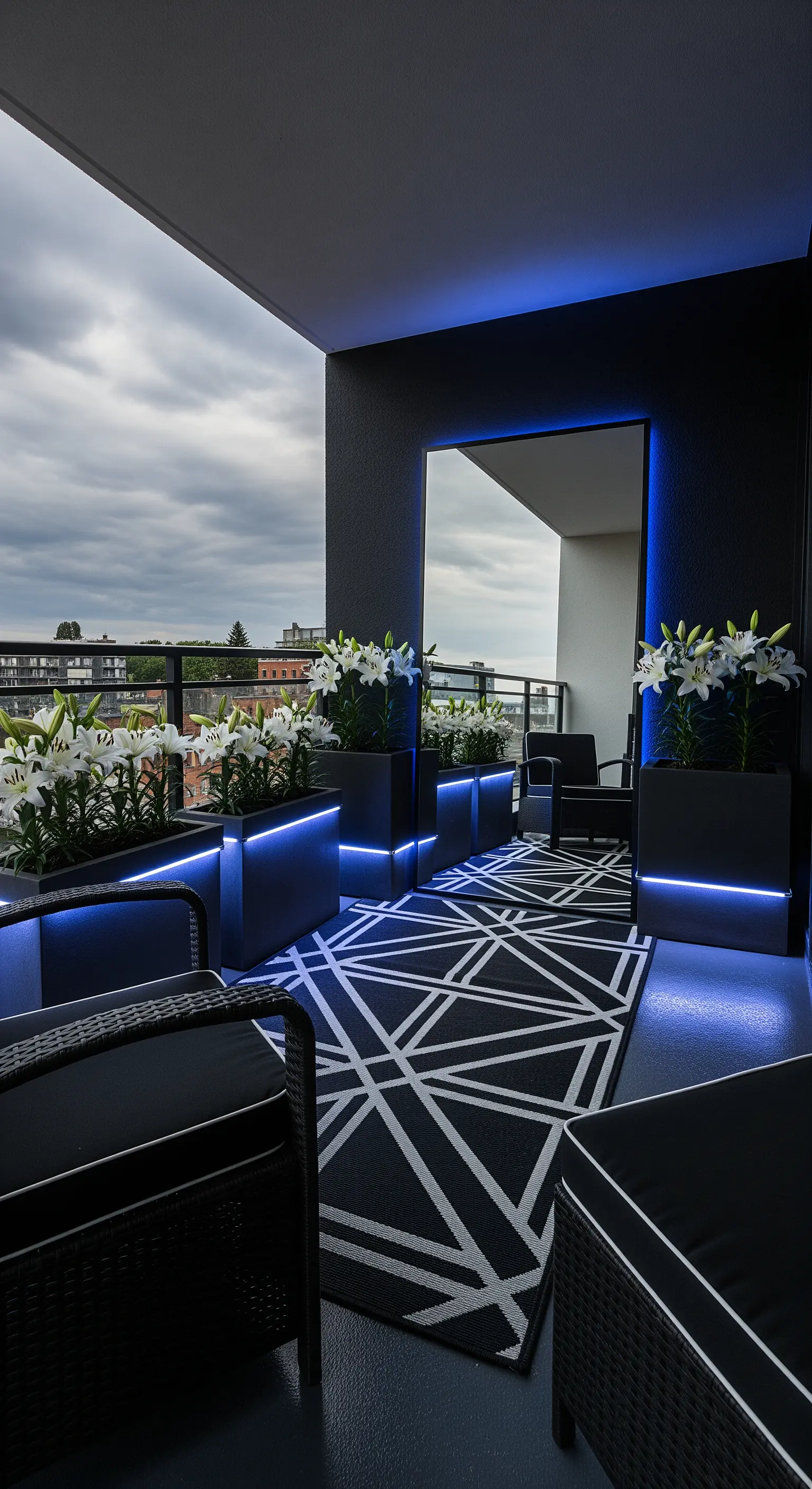 Balcone total black con fioriere illuminate da LED blu, tappeto geometrico e grande specchio.