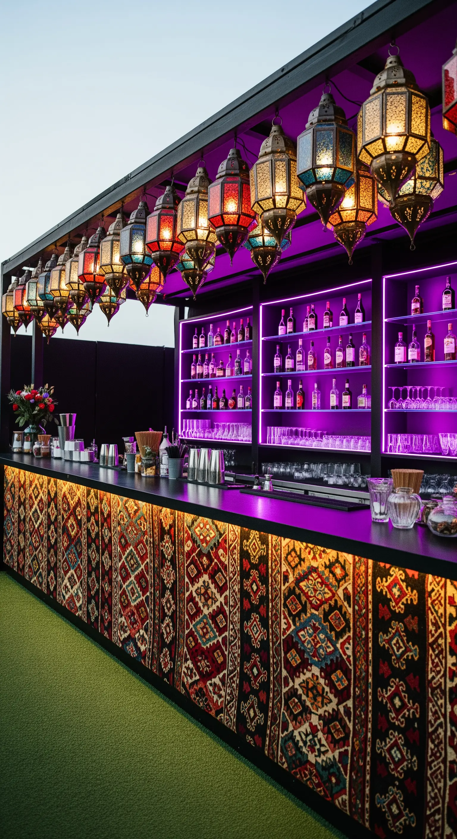 Bancone bar all'aperto rivestito con un tappeto e illuminato da luci viola e lanterne.