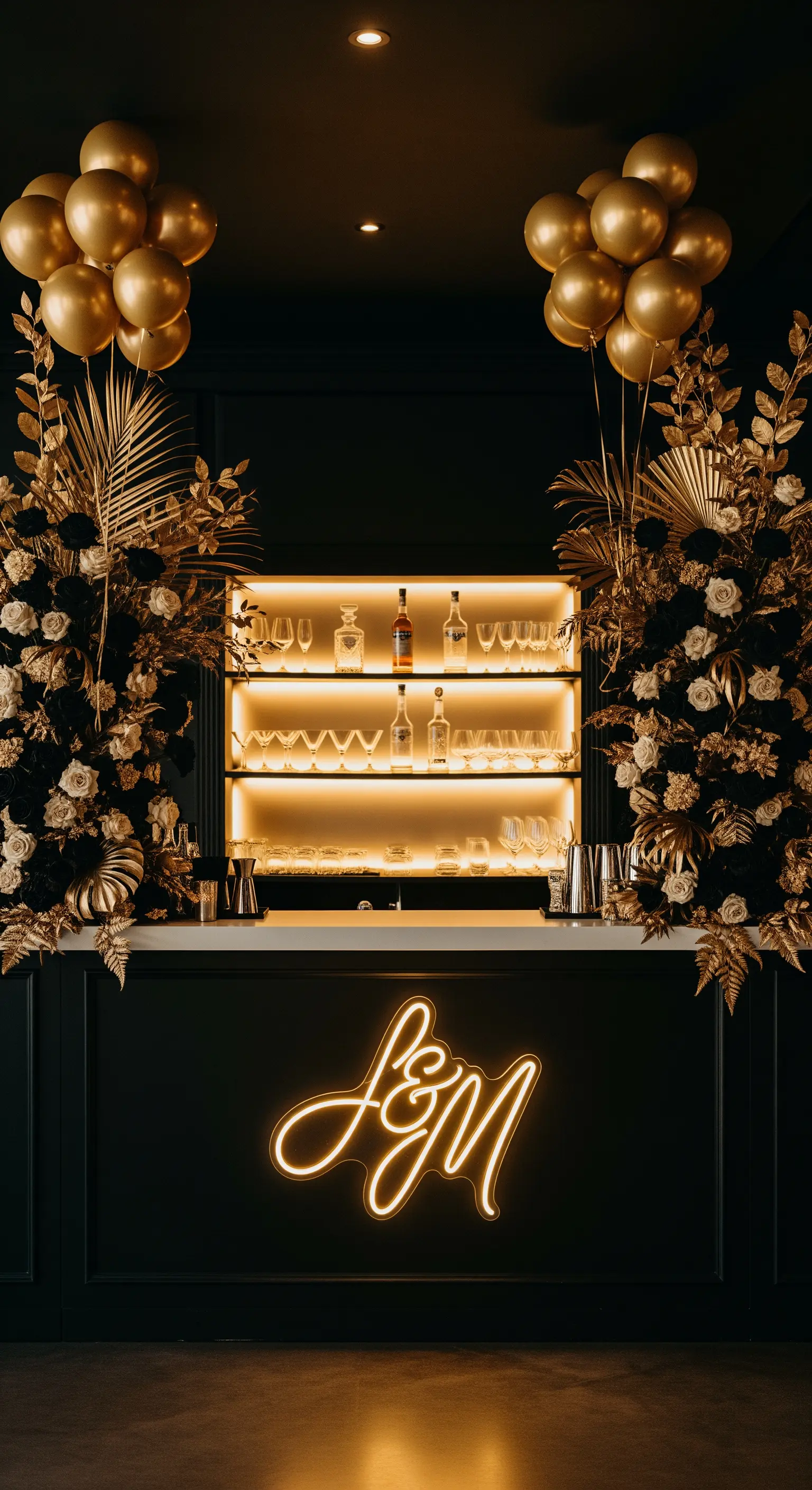 Angolo bar nero e oro con mensole retroilluminate e un'insegna al neon personalizzata.