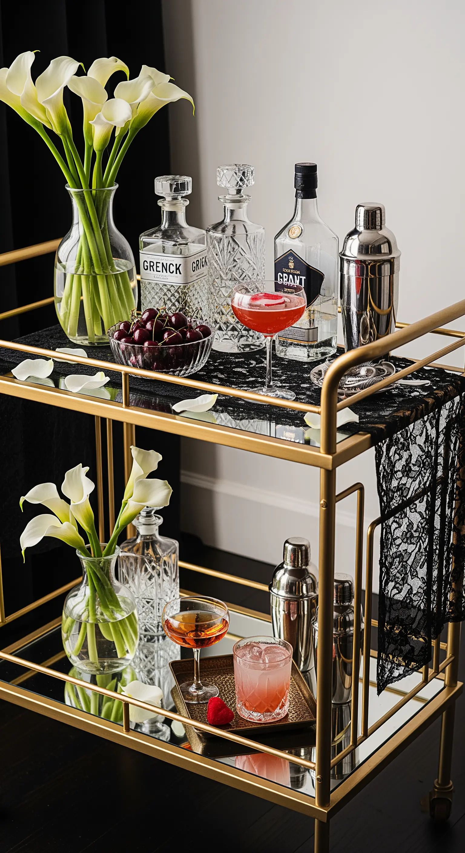 Carrello bar dorato con cocktail, decanter di cristallo, calle bianche e dettagli in pizzo nero.