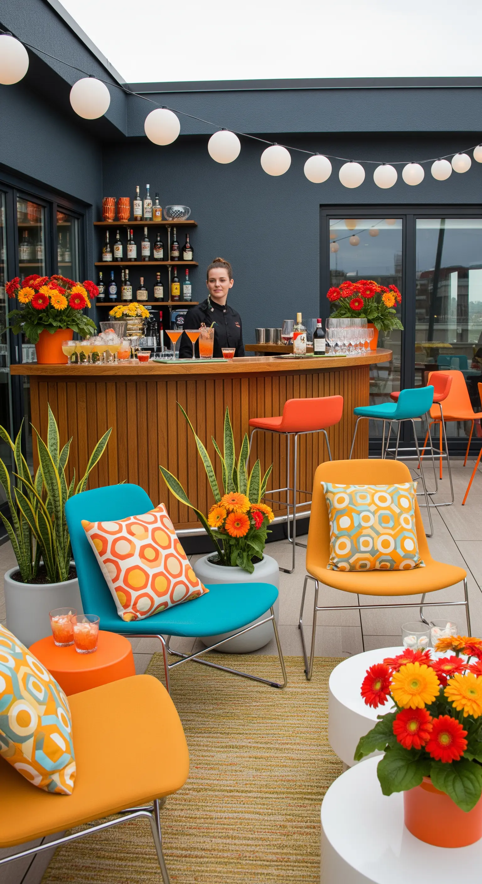 Terrazza colorata in stile Mid-century con bar in legno, sedie arancioni e turchesi.