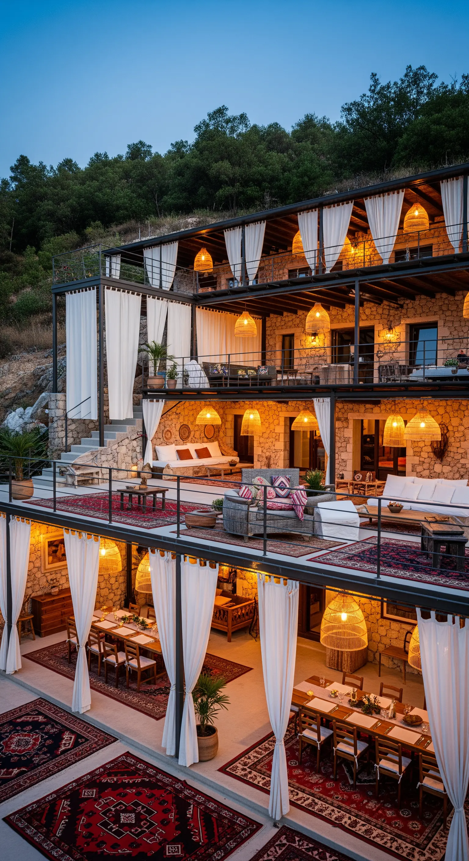 Villa a più livelli con terrazze arredate con tappeti, tende e lampade in rattan.