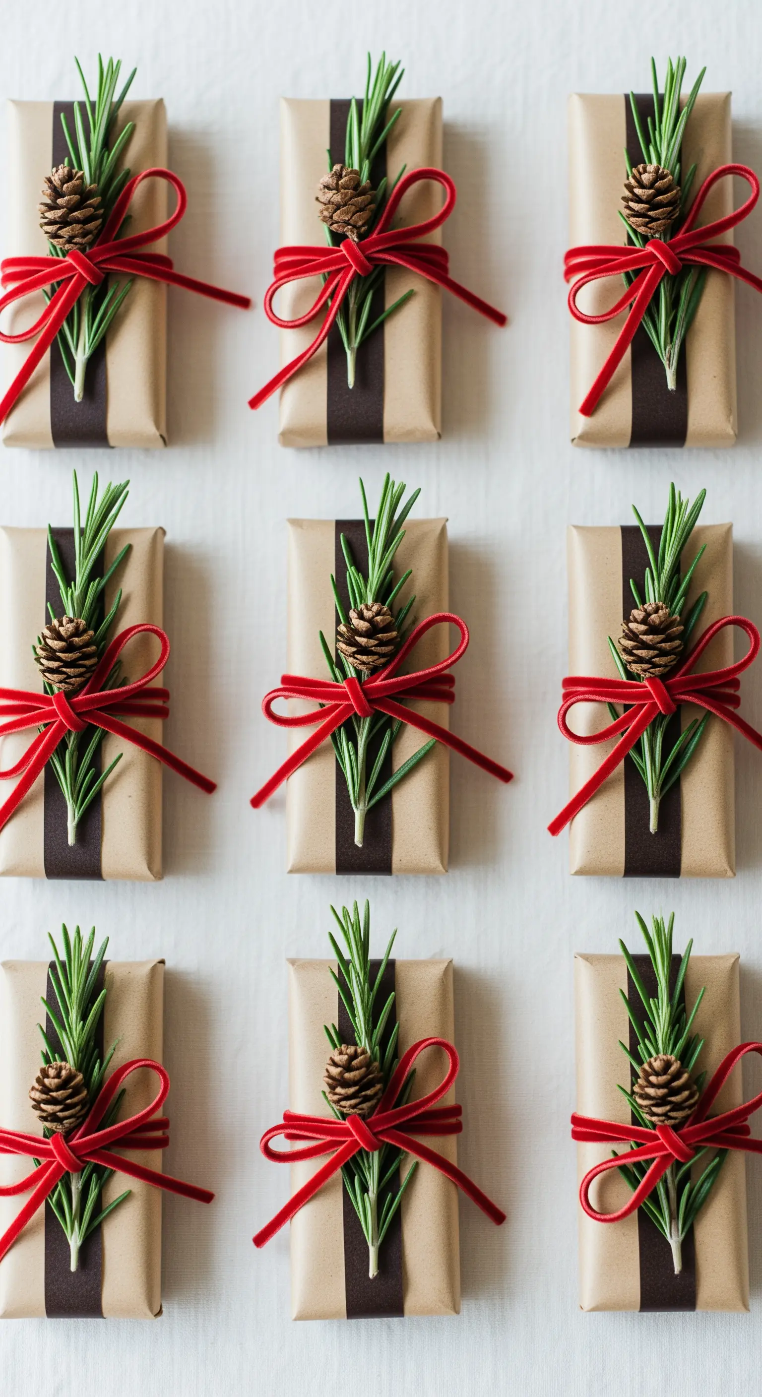 Nove piccoli pacchetti identici con carta kraft, rosmarino, pigna e nastro rosso.
