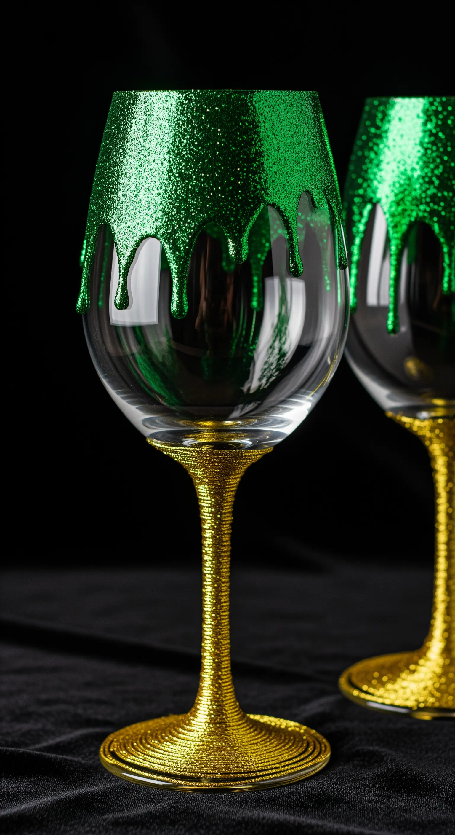 Calice da vino con stelo dorato e glitter verde che cola dal bordo.