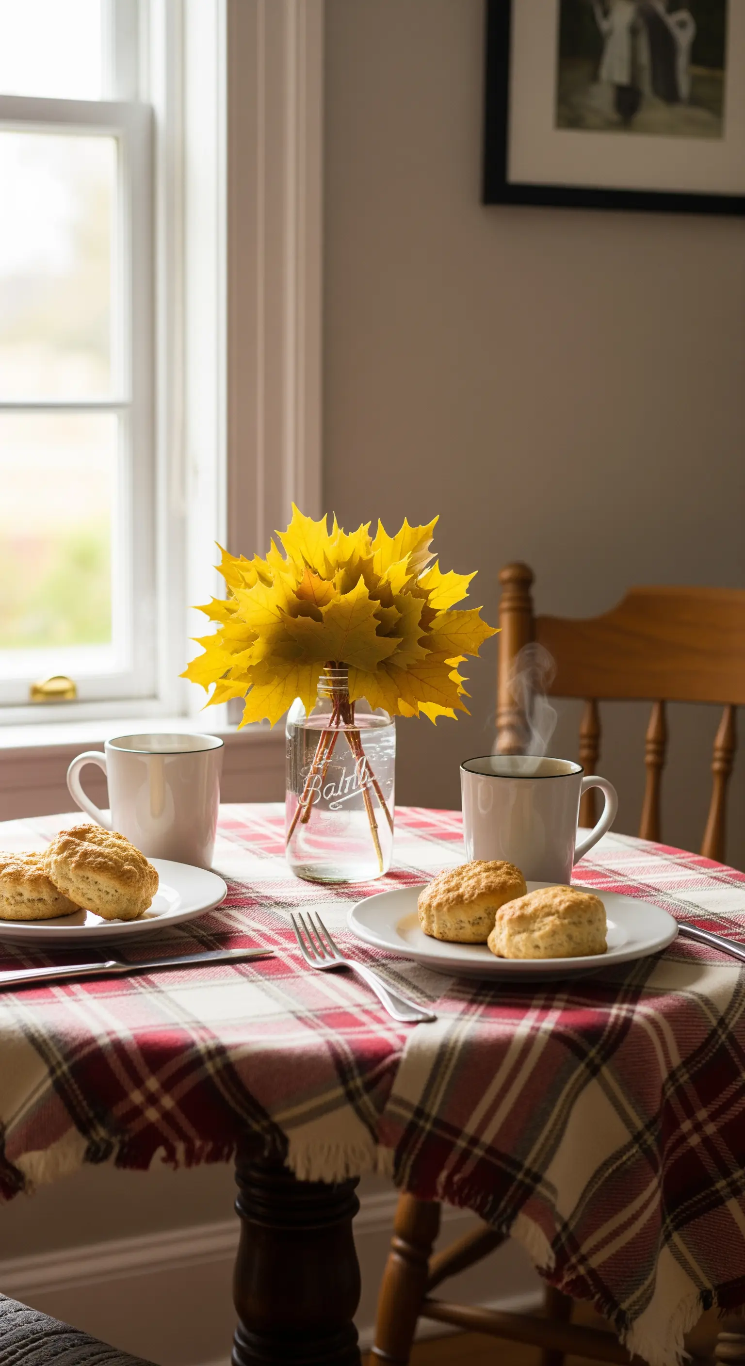 Tavolo da colazione con tovaglia a quadri, tazze di caffè e un barattolo con foglie gialle.