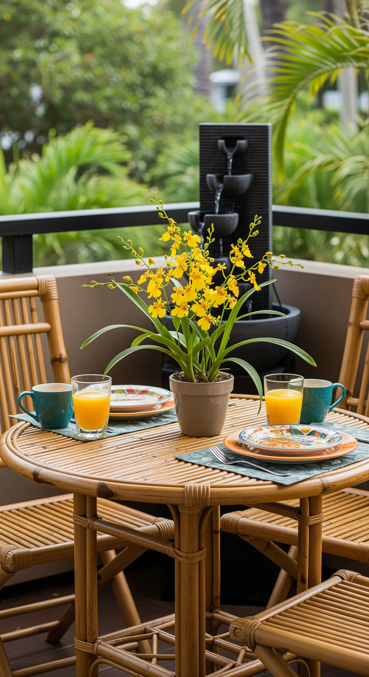 Tavolino da colazione in bambù su un balcone con una piccola fontana e un'orchidea gialla.