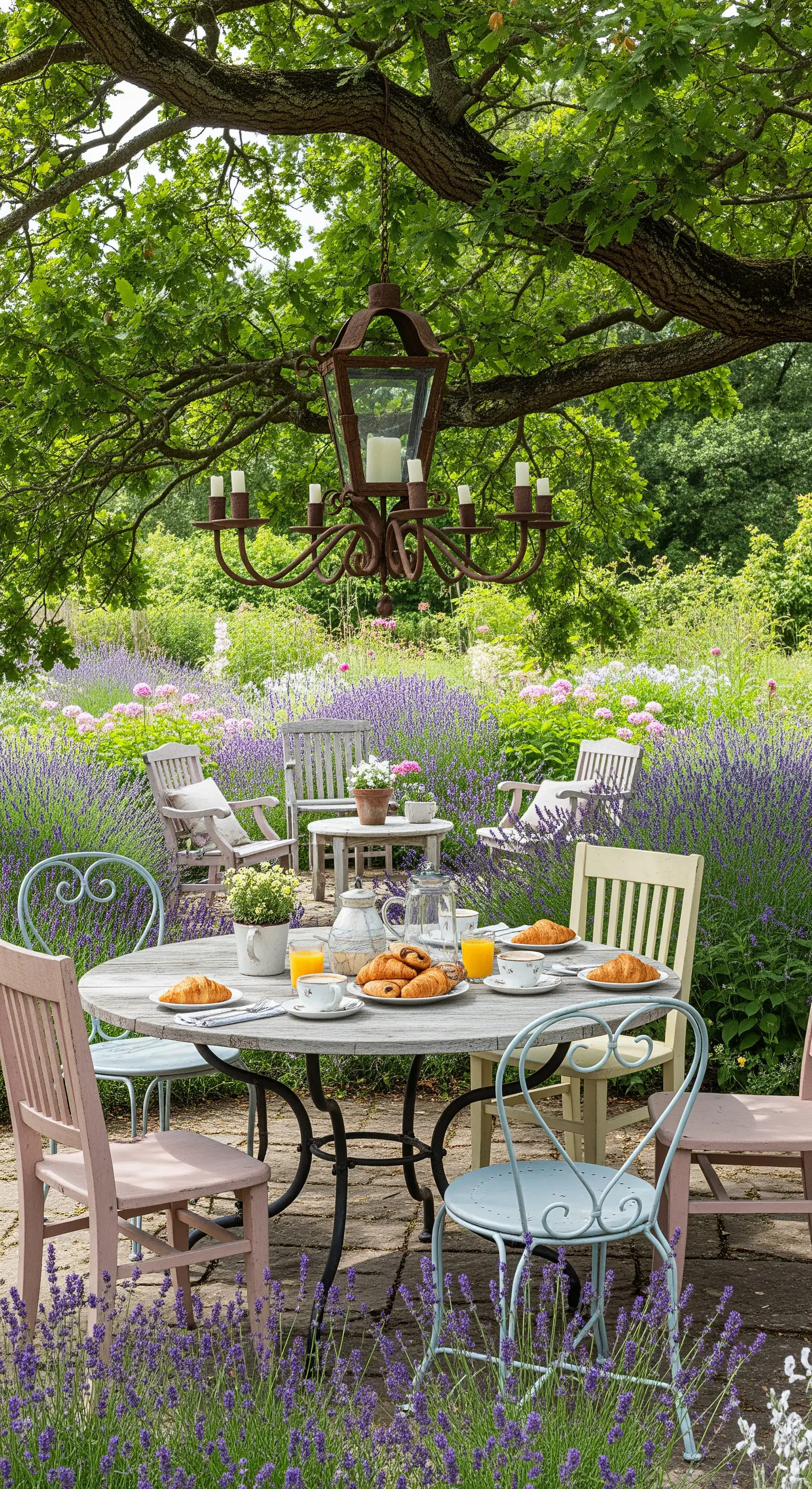 Tavolo da pranzo rotondo in un giardino fiorito, con sedie pastello e un grande candelabro.