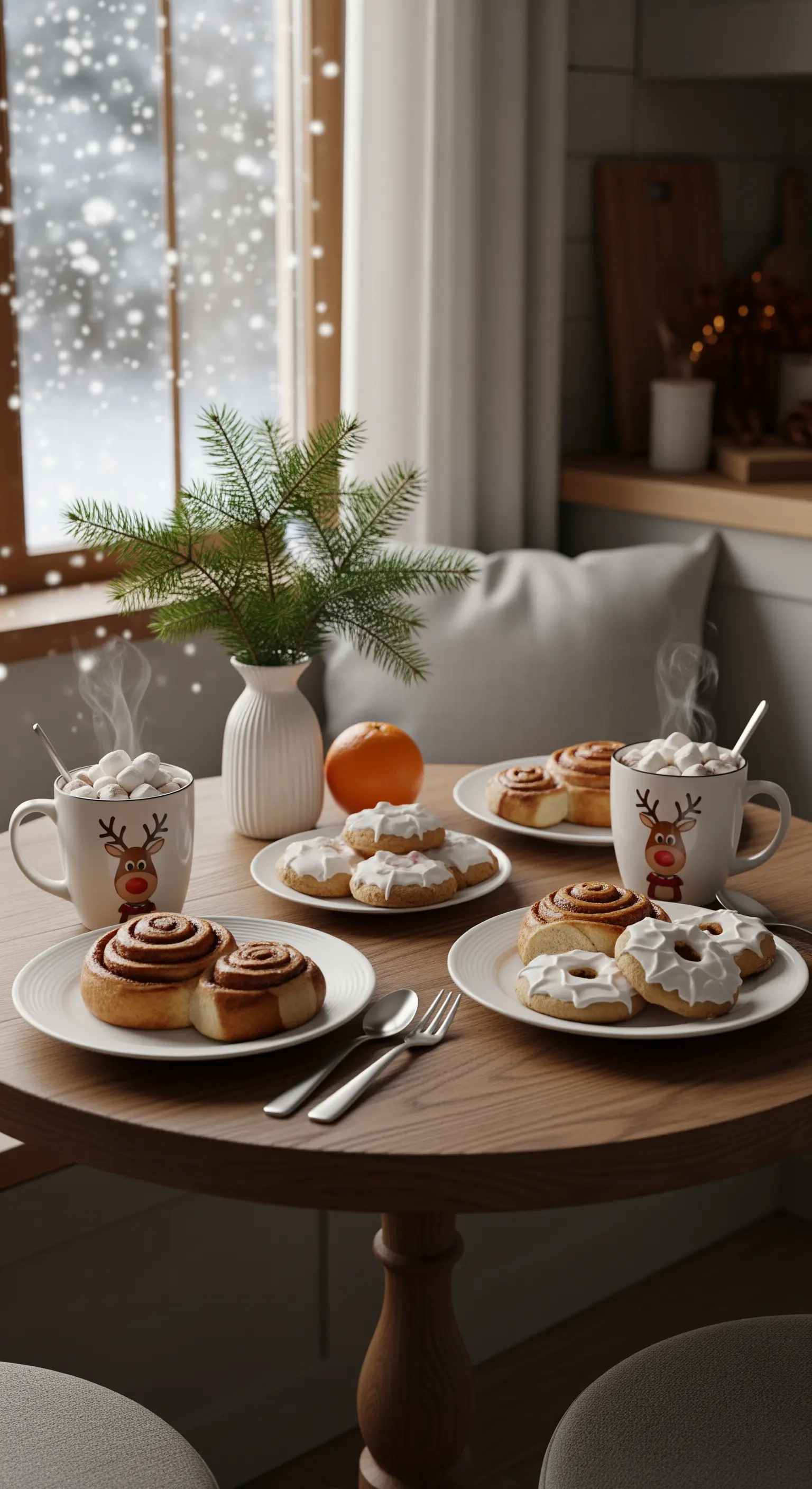 Tavolo rotondo vicino a una finestra con vista innevata, tazze natalizie e piatti con cinnamon rolls.