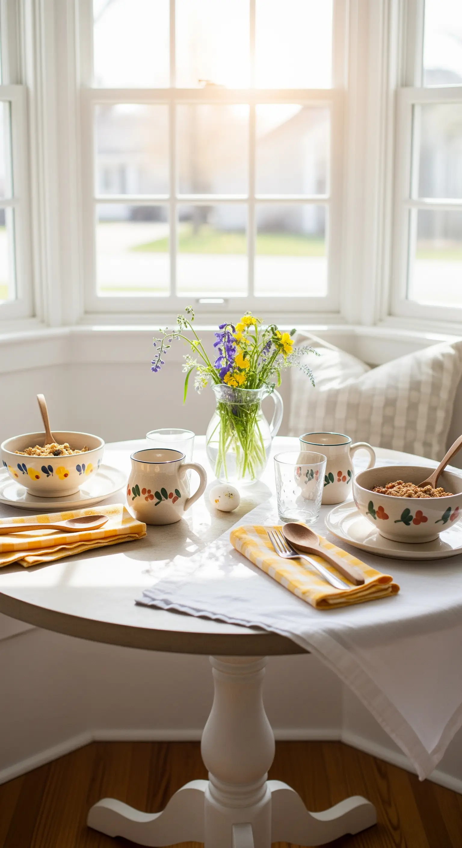 Tavolo per la colazione vicino a una finestra luminosa con fiori di campo e tovaglioli gialli