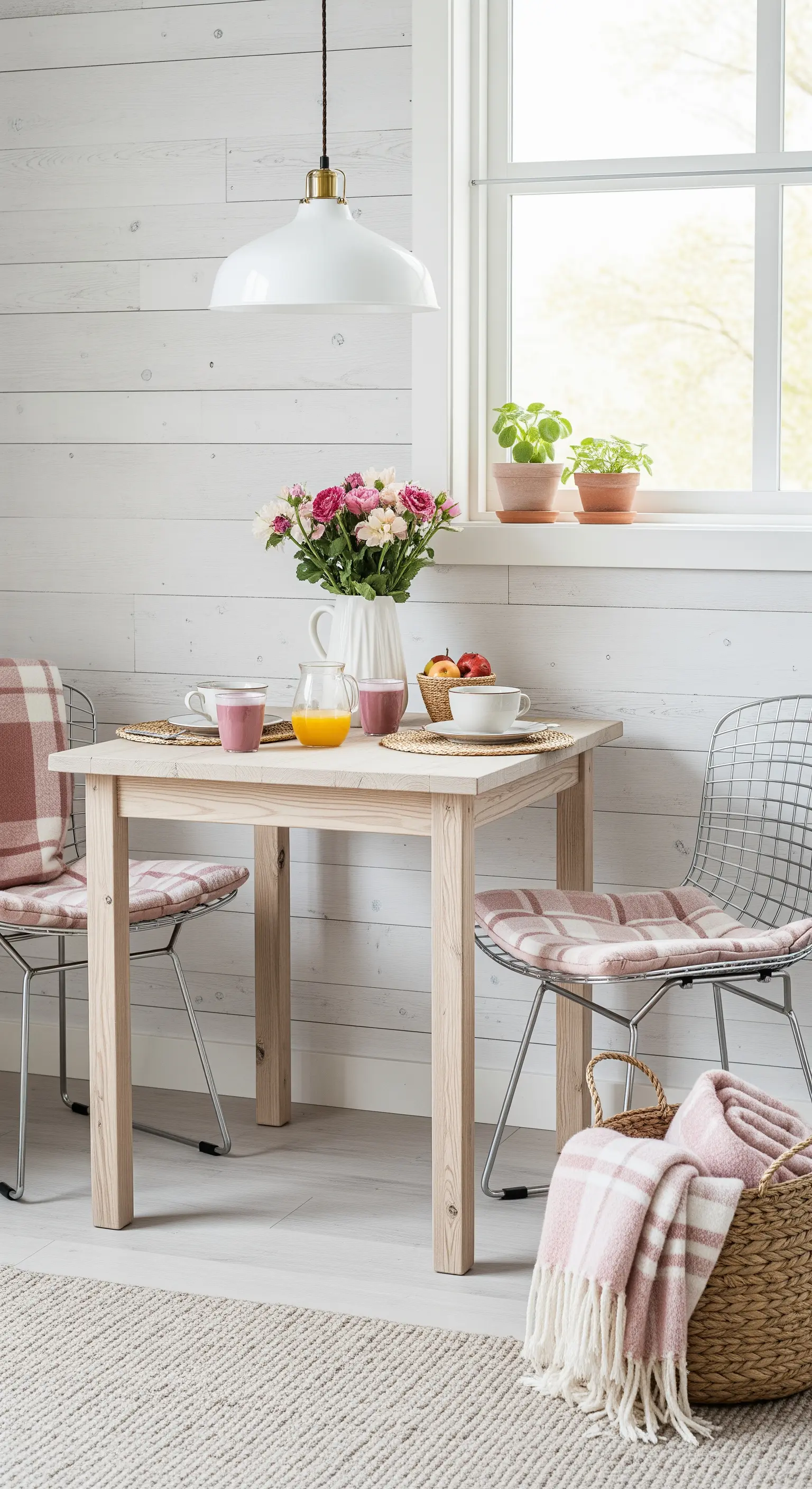 Angolo colazione in stile scandinavo con tavolo in legno, sedie di design e tessuti a quadri rosa.
