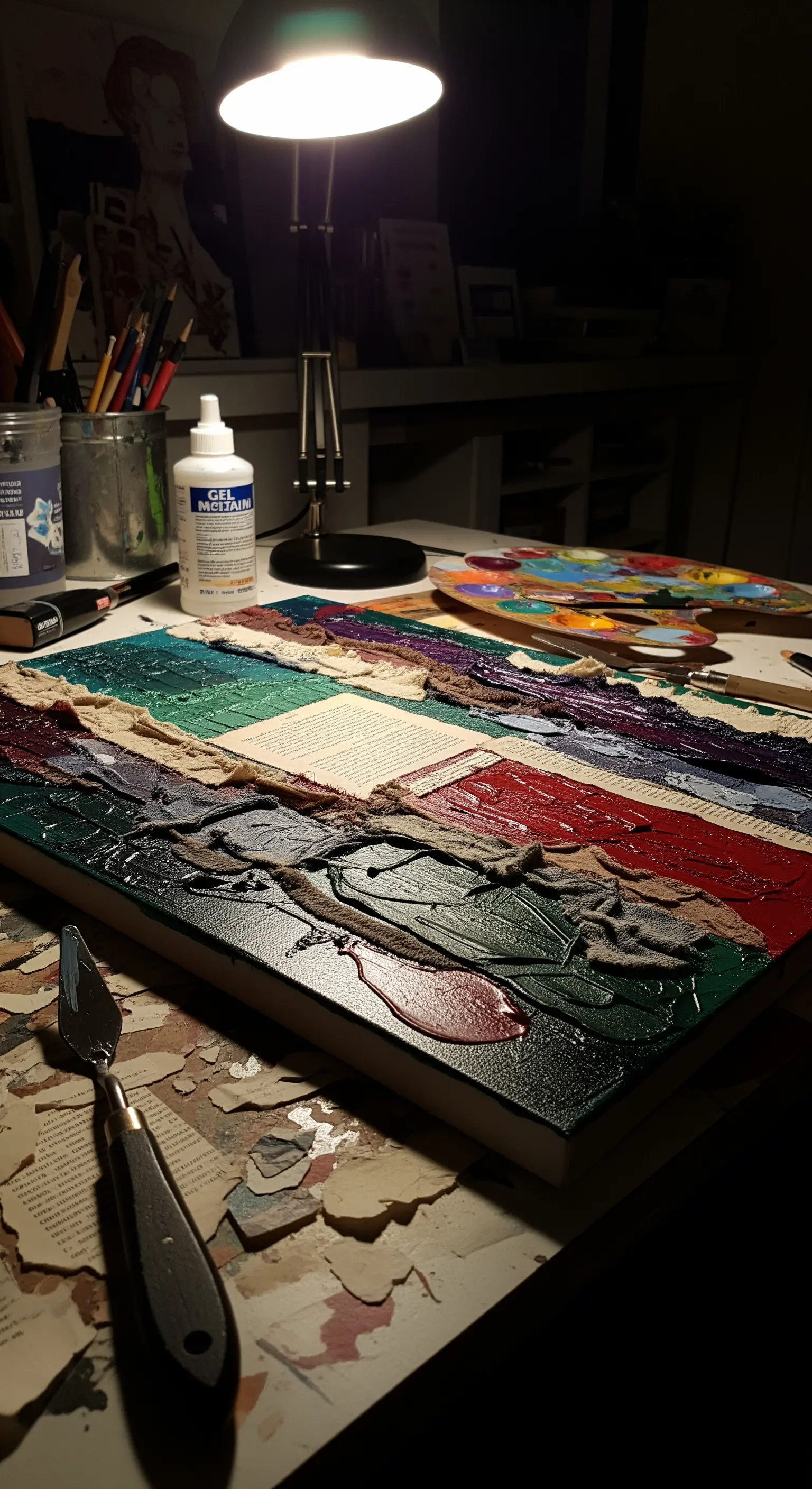 Quadro astratto mixed-media in fase di creazione con ritagli di tessuto, carta e pittura a spessore.