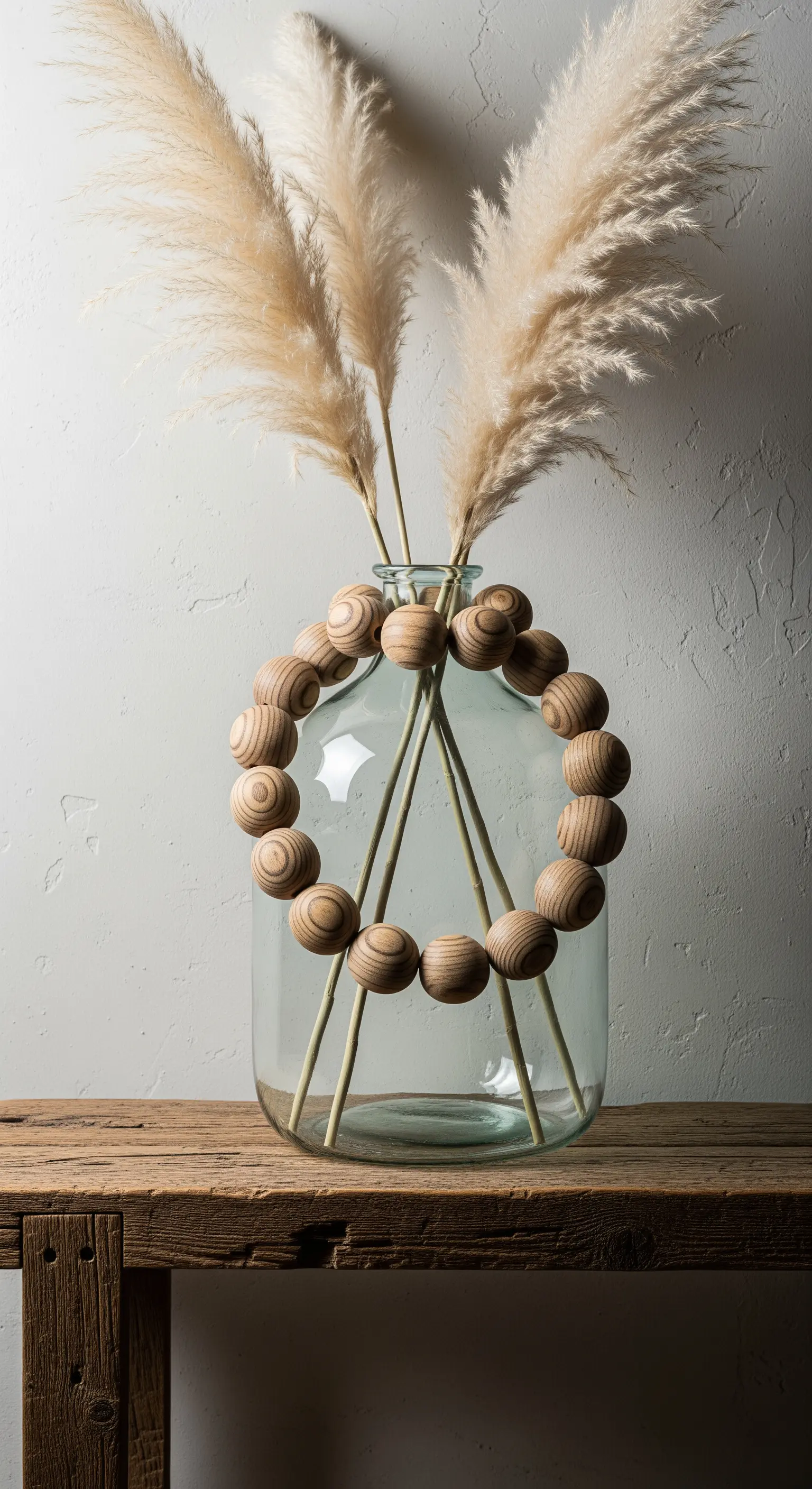 Grande vaso di vetro decorato con una ghirlanda di perline di legno scuro, contenente erba della pampa.