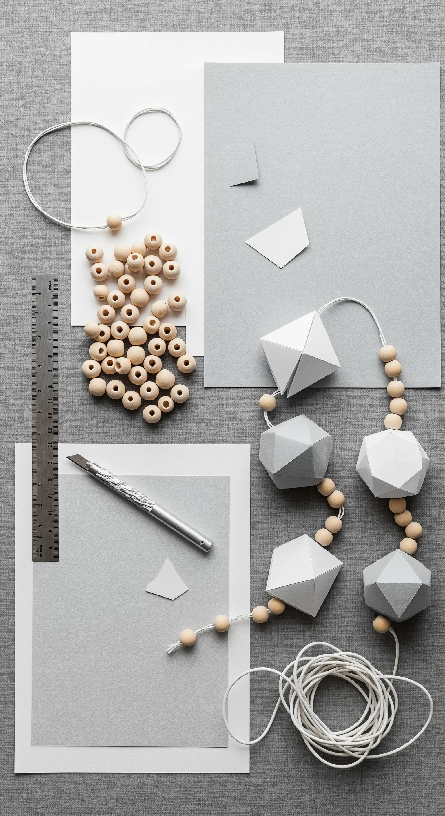 Materiali per creare una ghirlanda scandinava: carta grigia, perline di legno e un cutter.