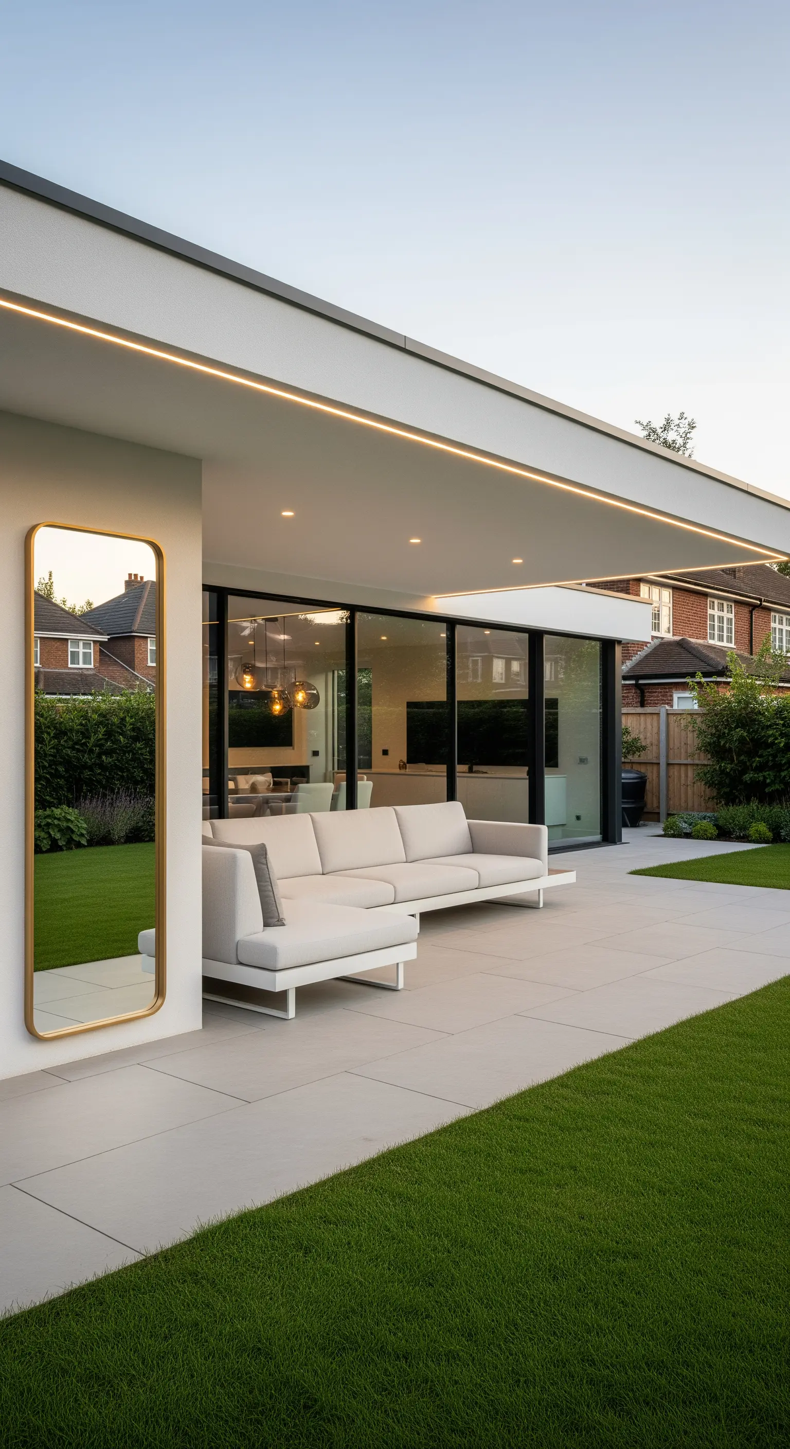 Patio moderno con divano angolare bianco e un grande specchio dorato che riflette il giardino